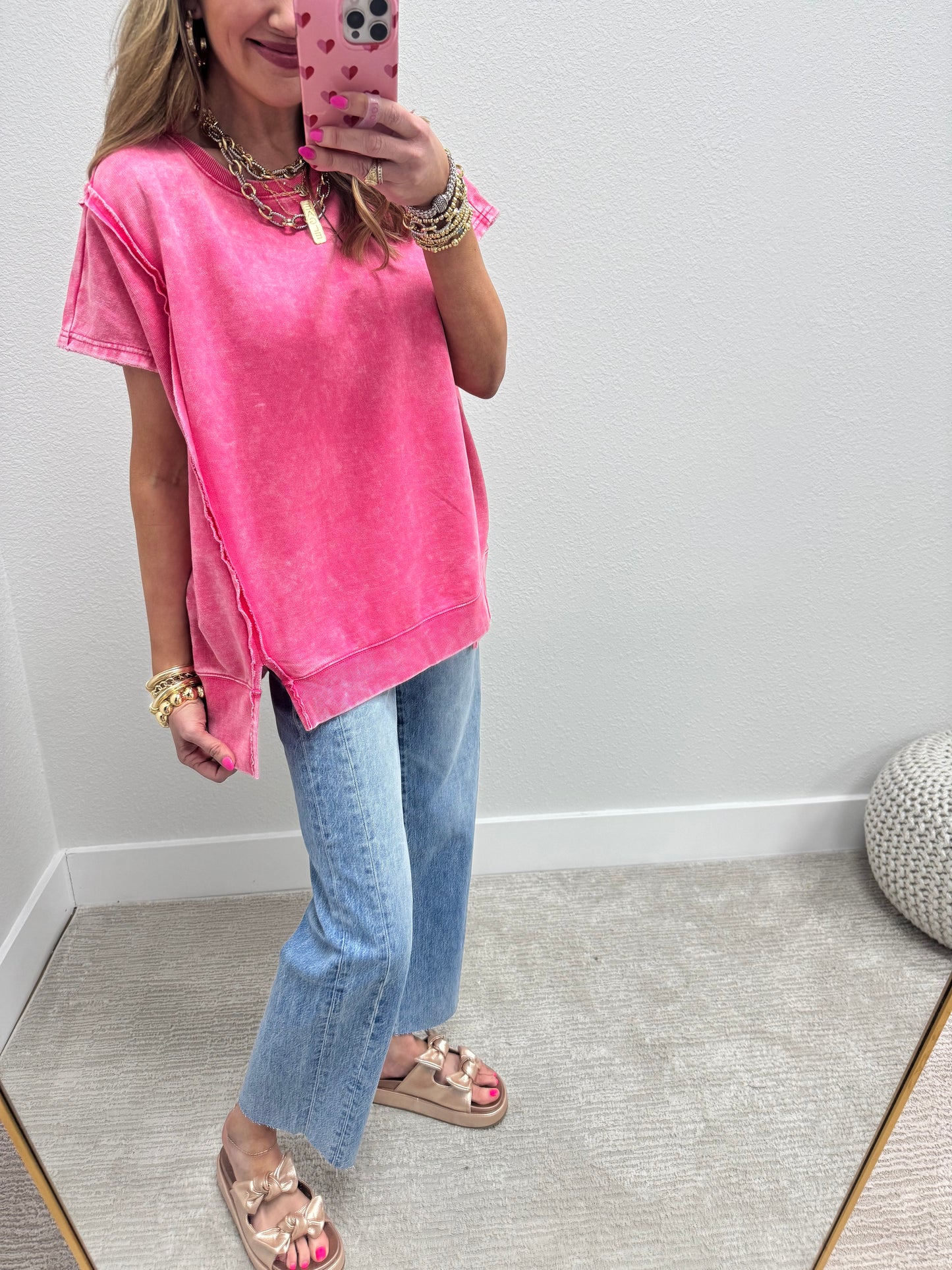 Fuchsia Mineral Washed Exposed Hem Short Sleeve