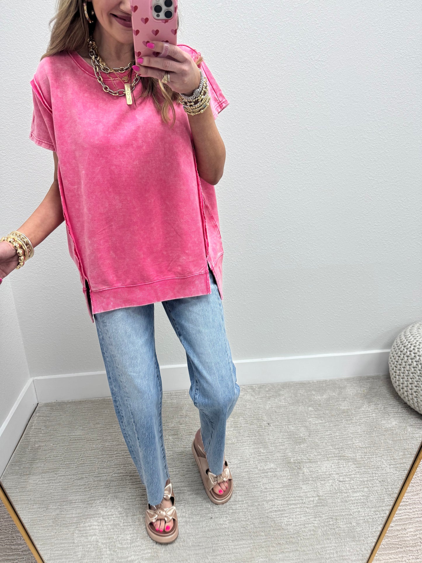 Fuchsia Mineral Washed Exposed Hem Short Sleeve