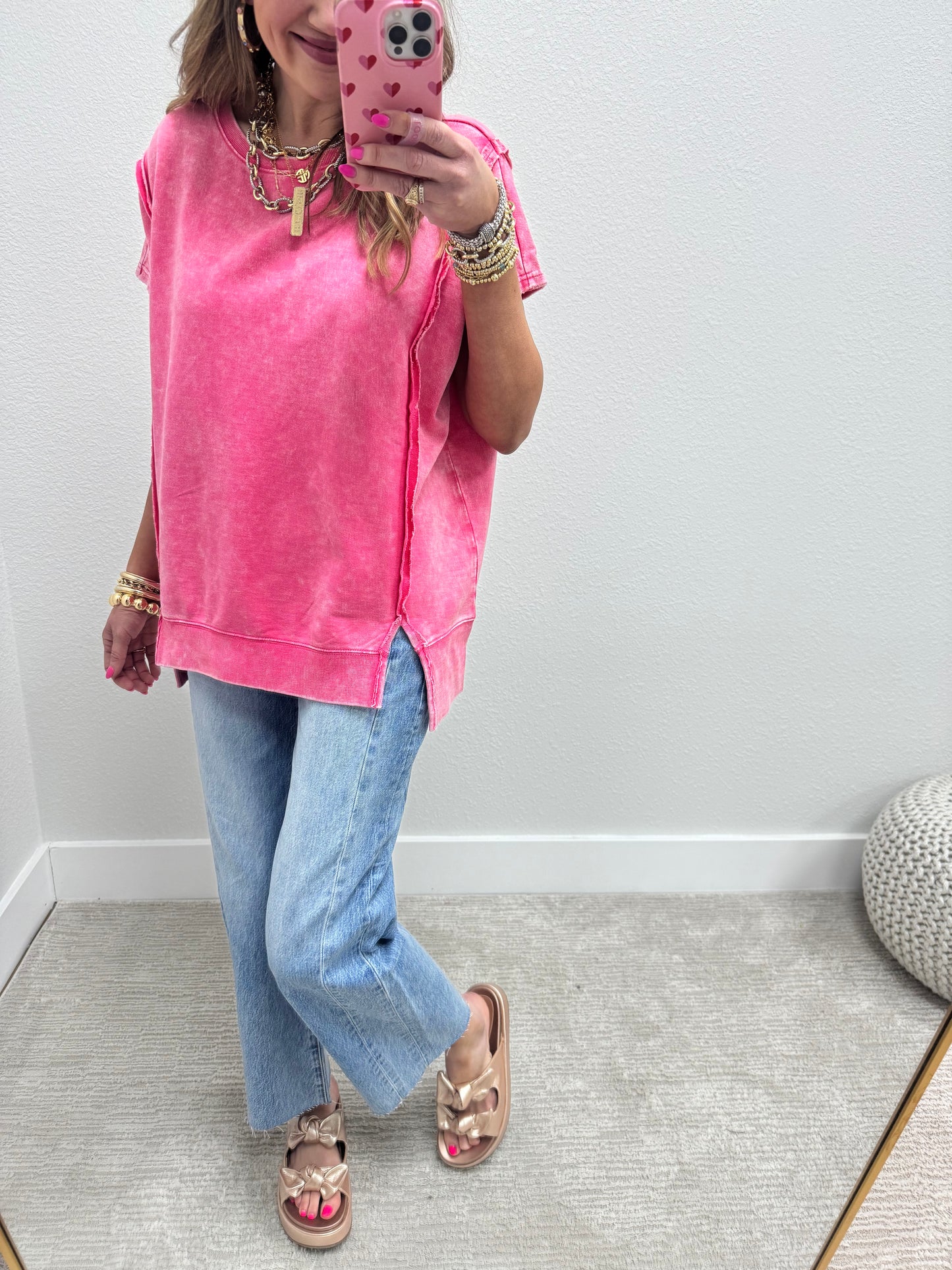 Fuchsia Mineral Washed Exposed Hem Short Sleeve