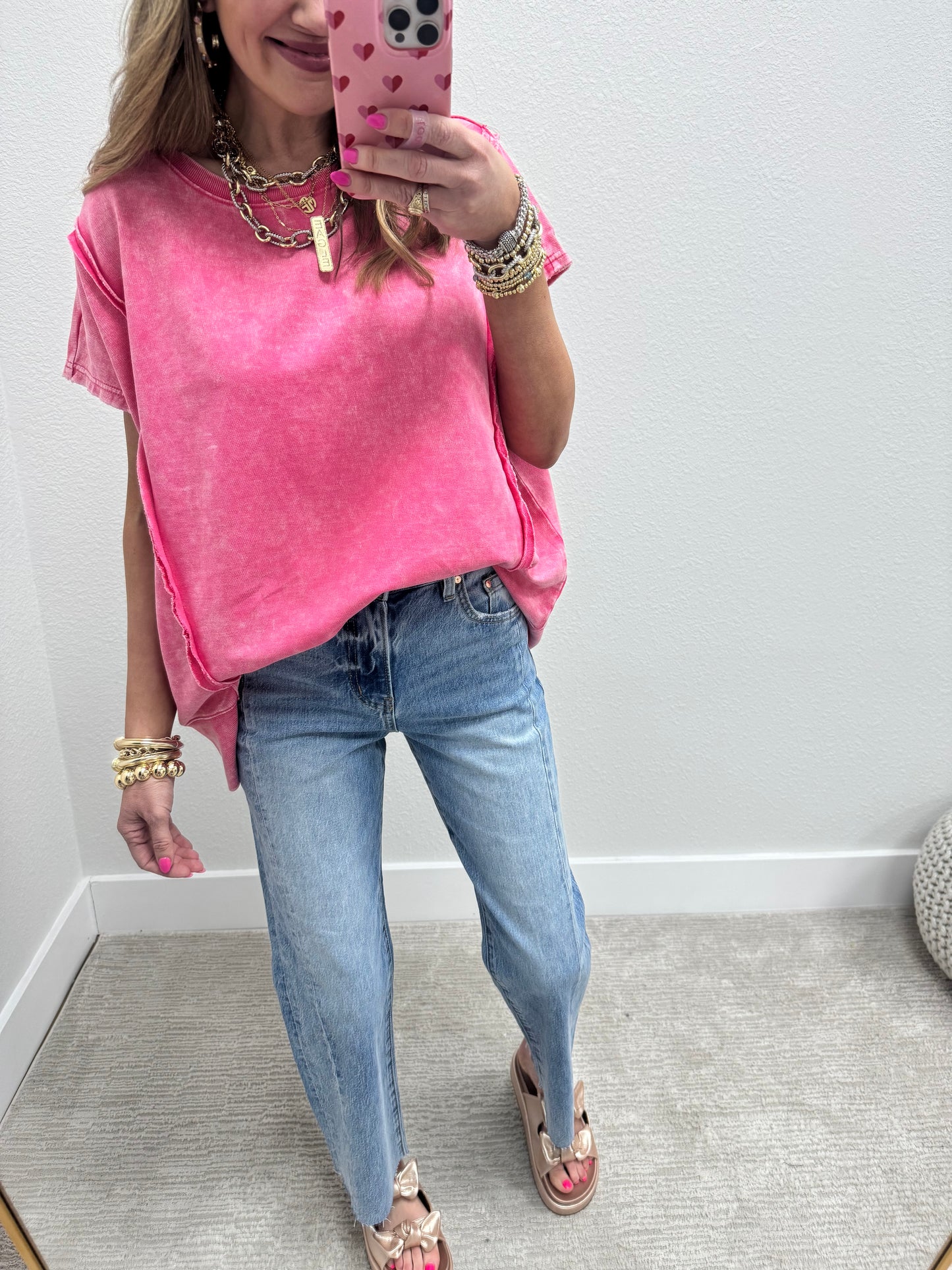 Fuchsia Mineral Washed Exposed Hem Short Sleeve