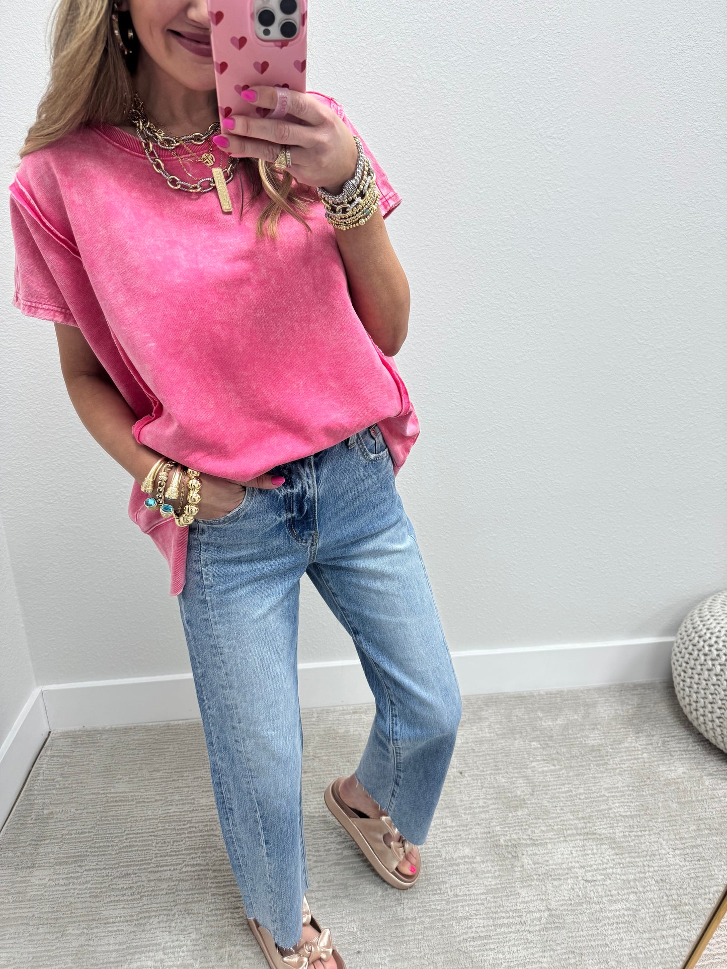 Fuchsia Mineral Washed Exposed Hem Short Sleeve