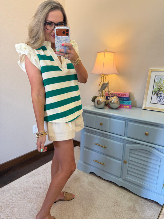 Green Coastal Charm Ruffle Sleeve Top