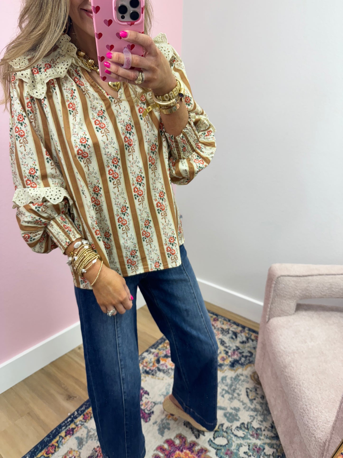 Mustard and Cream Eyelet Neck Top