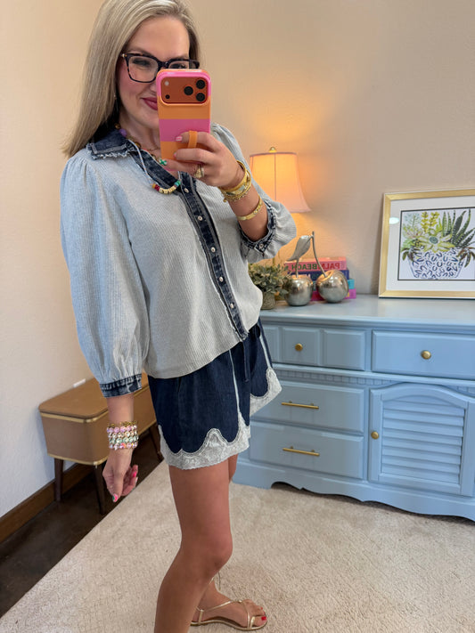 Heather Gray Denim Collar Button Up Top