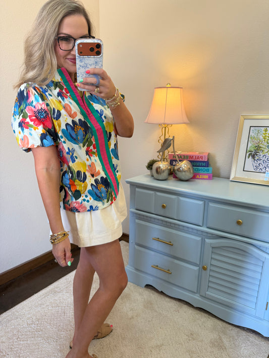 Front Stripe Quarter Zip Watercolor Floral Print Top