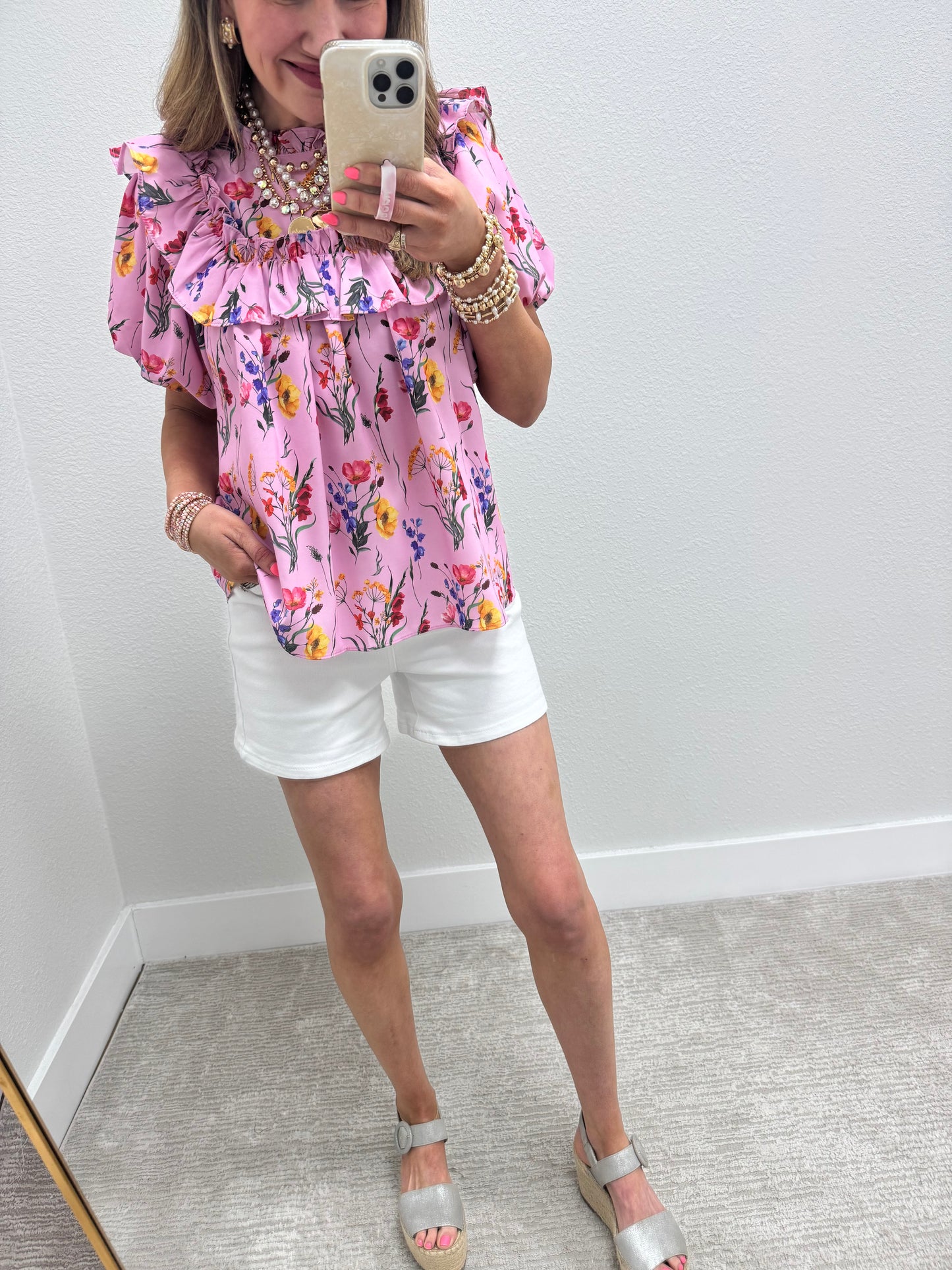 Pink Floral Print Smocked Top Ruffle Sleeve