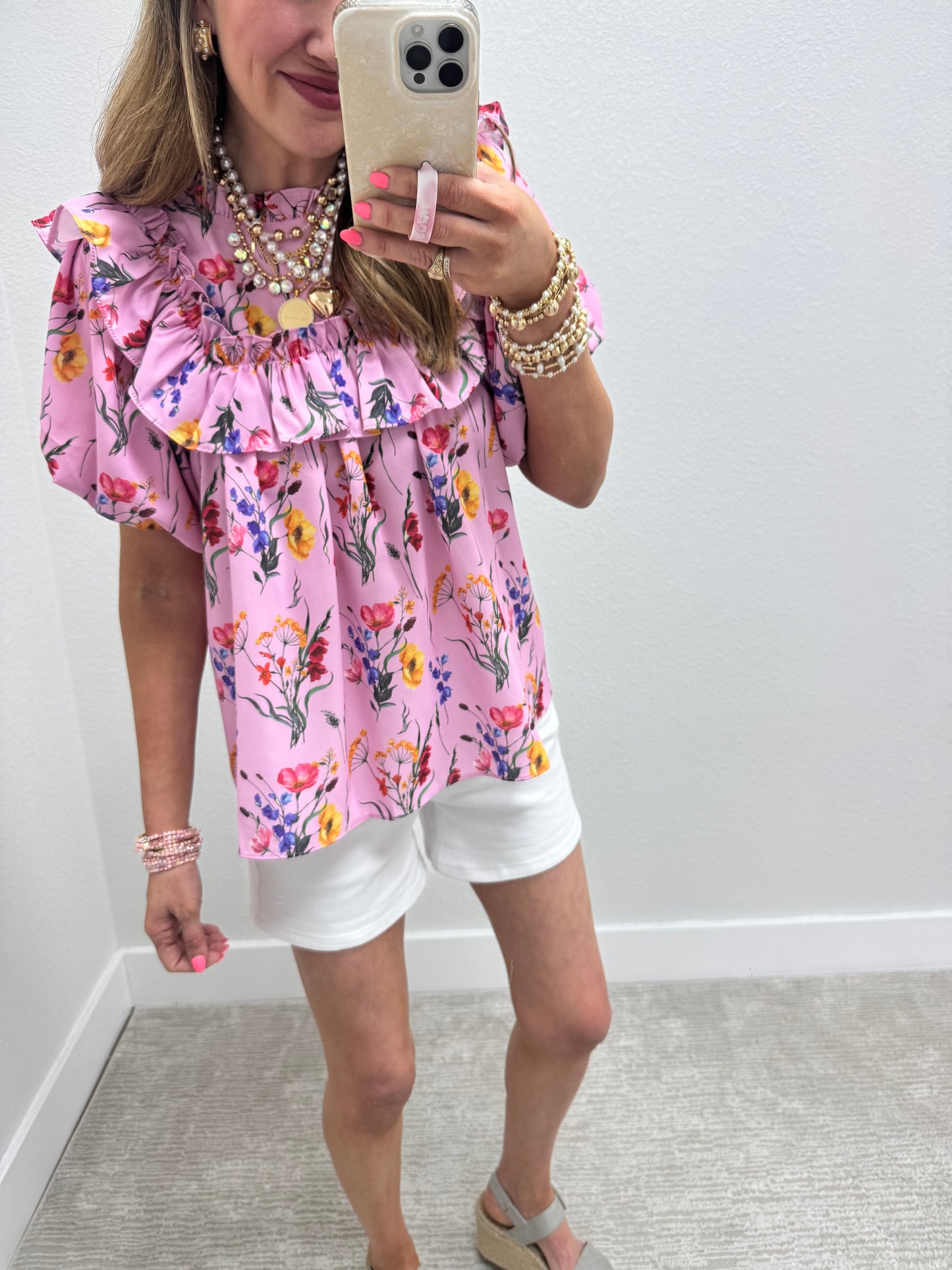 Pink Floral Print Smocked Top Ruffle Sleeve