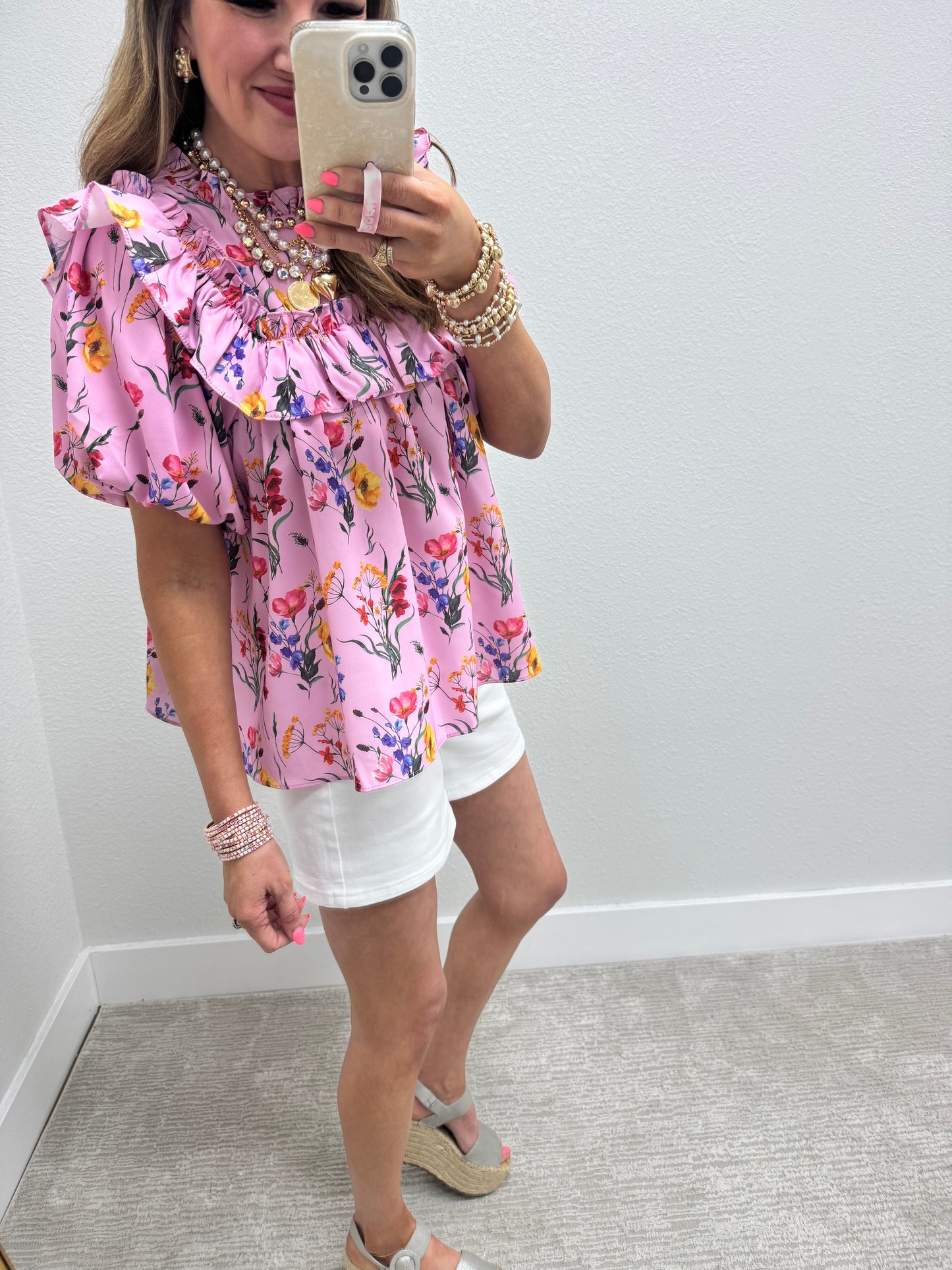 Pink Floral Print Smocked Top Ruffle Sleeve