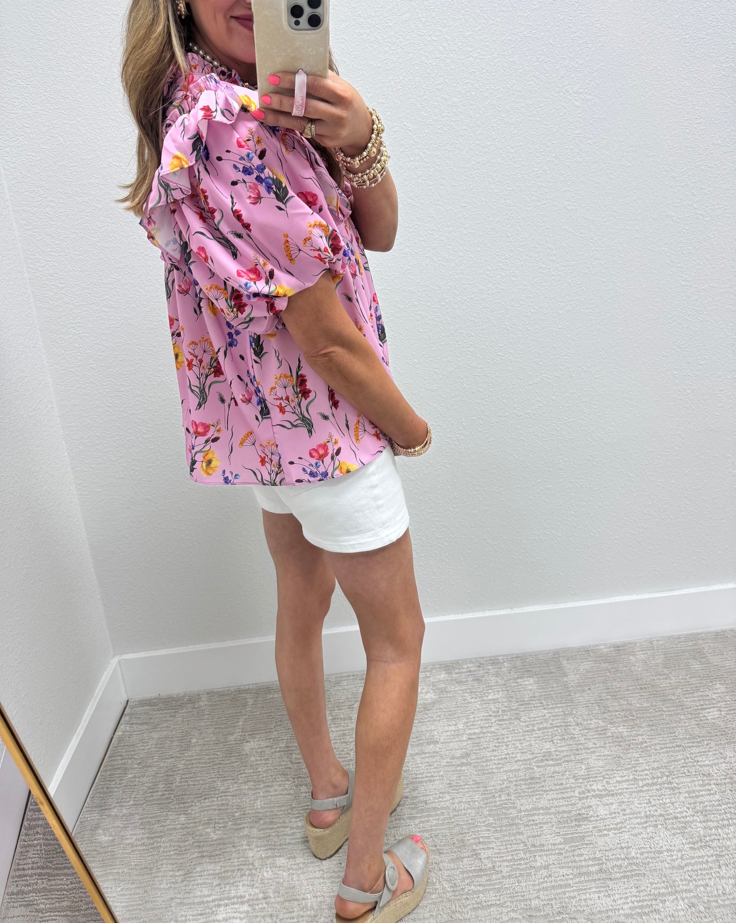 Pink Floral Print Smocked Top Ruffle Sleeve
