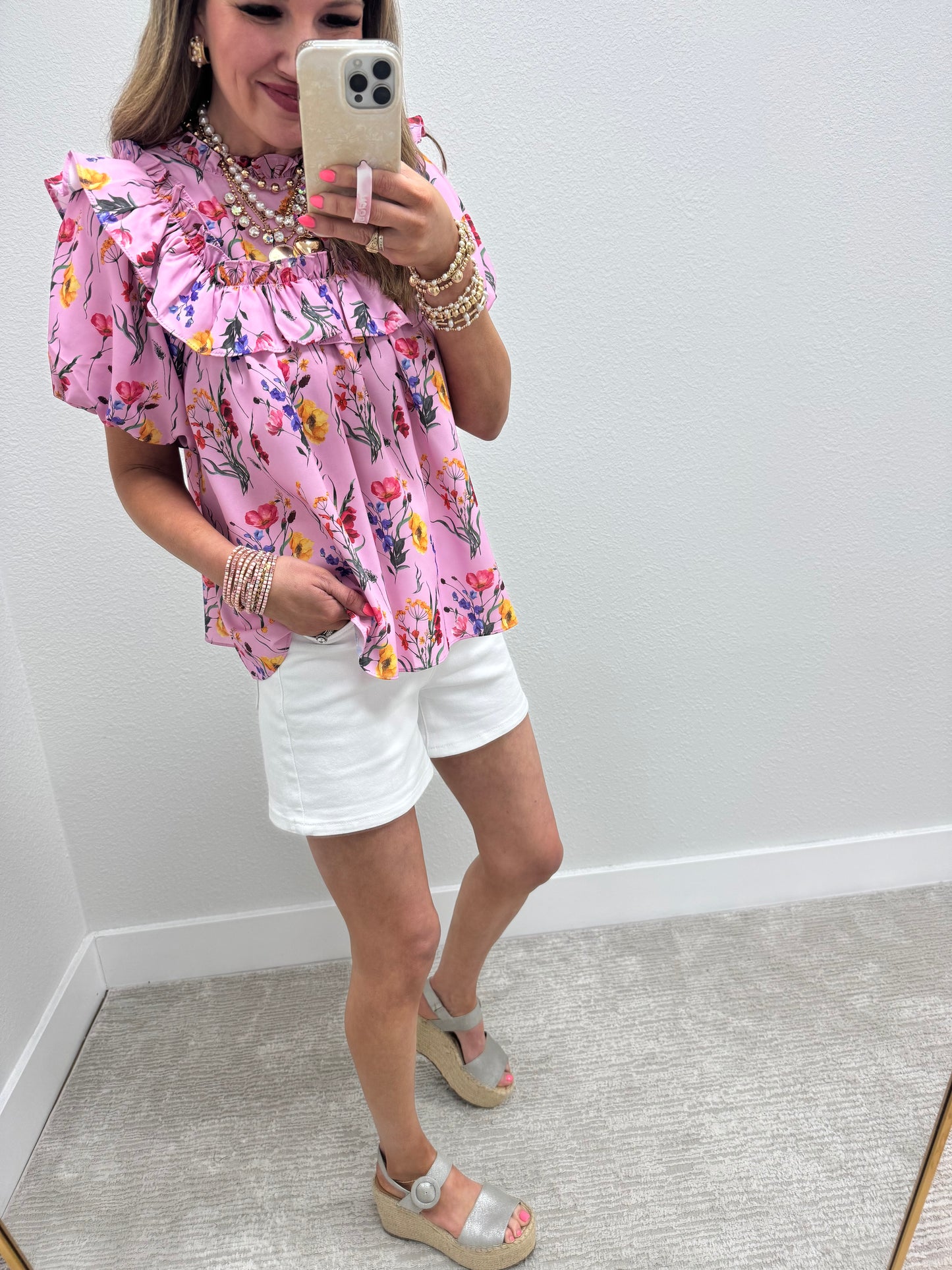 Pink Floral Print Smocked Top Ruffle Sleeve