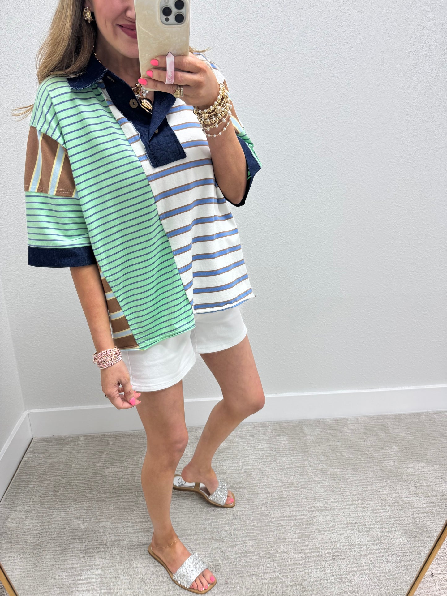 Denim Collared Multi Color Block Short Sleeve