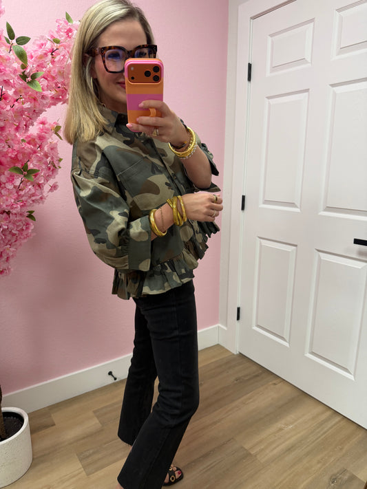Camo Printed Ruffle Hem Button Down Blouse