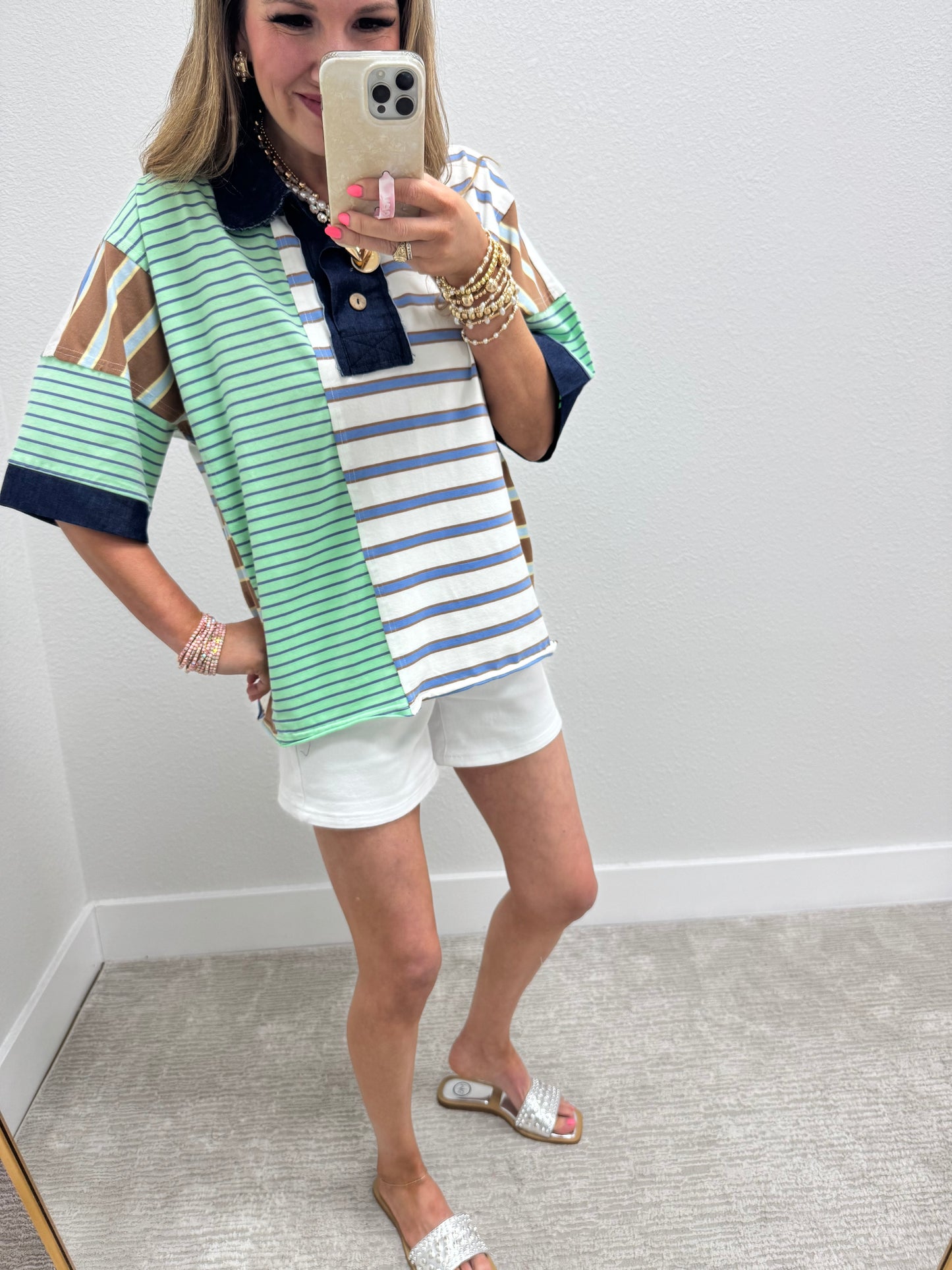Denim Collared Multi Color Block Short Sleeve