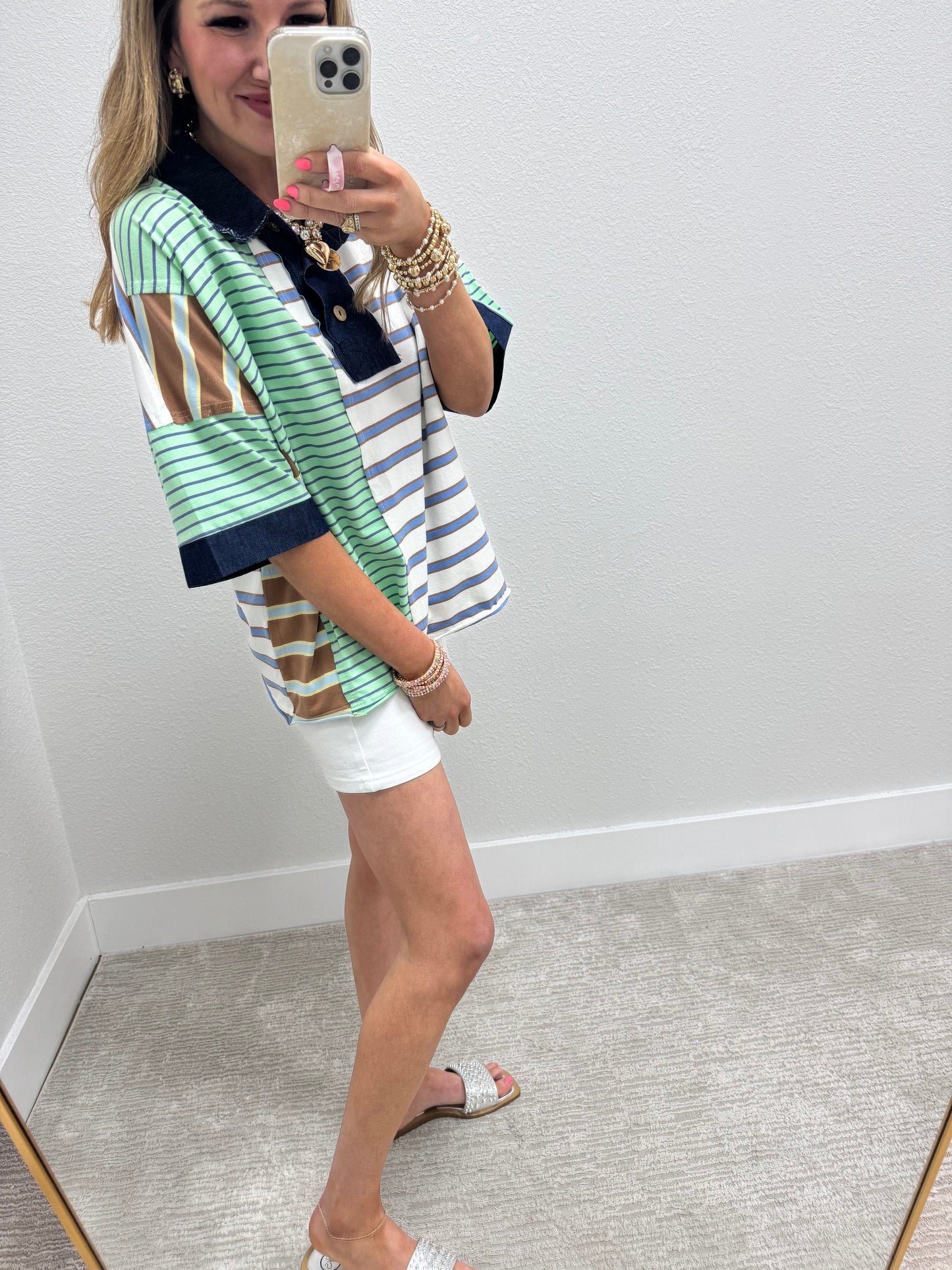 Denim Collared Multi Color Block Short Sleeve