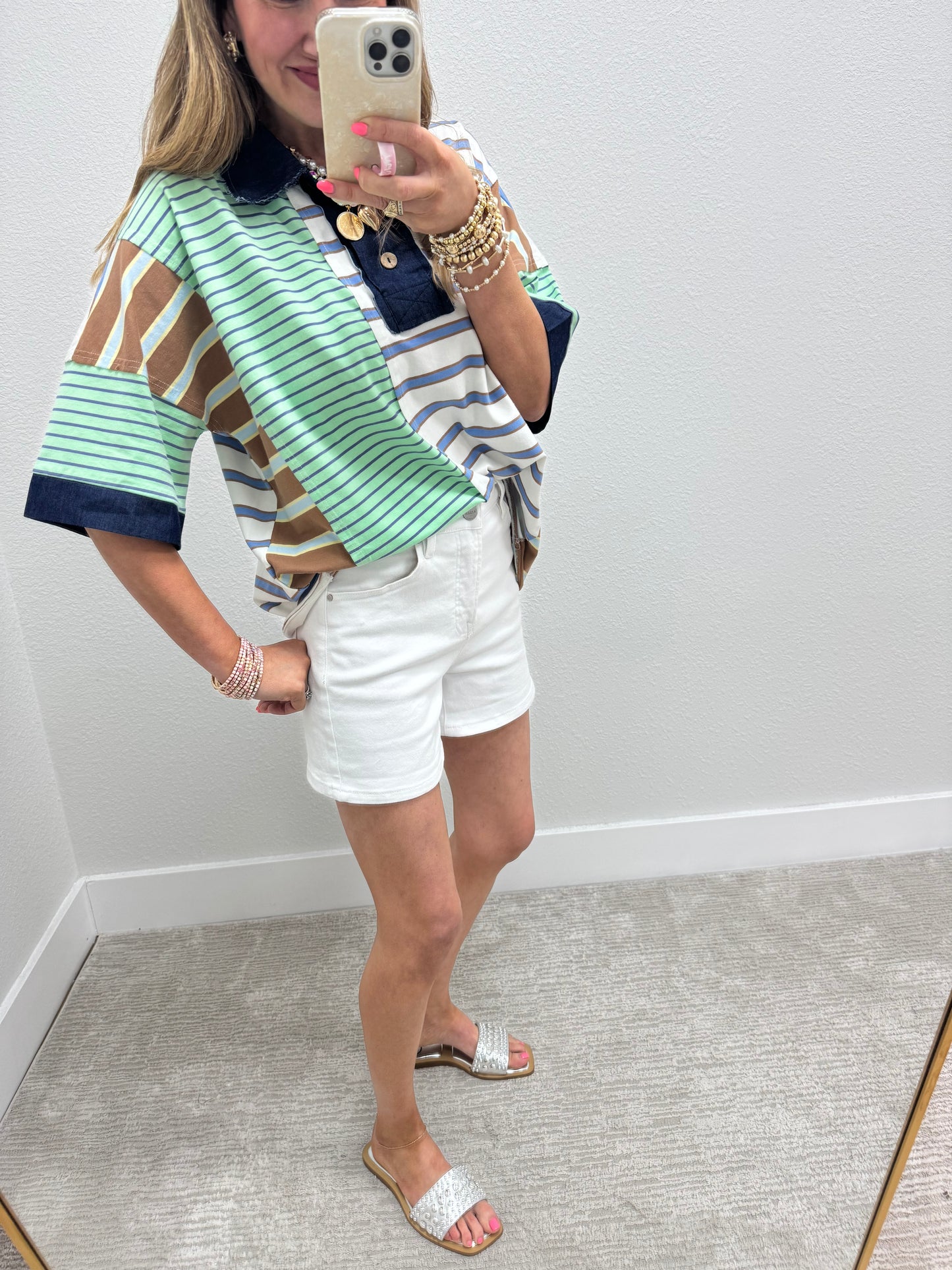 Denim Collared Multi Color Block Short Sleeve