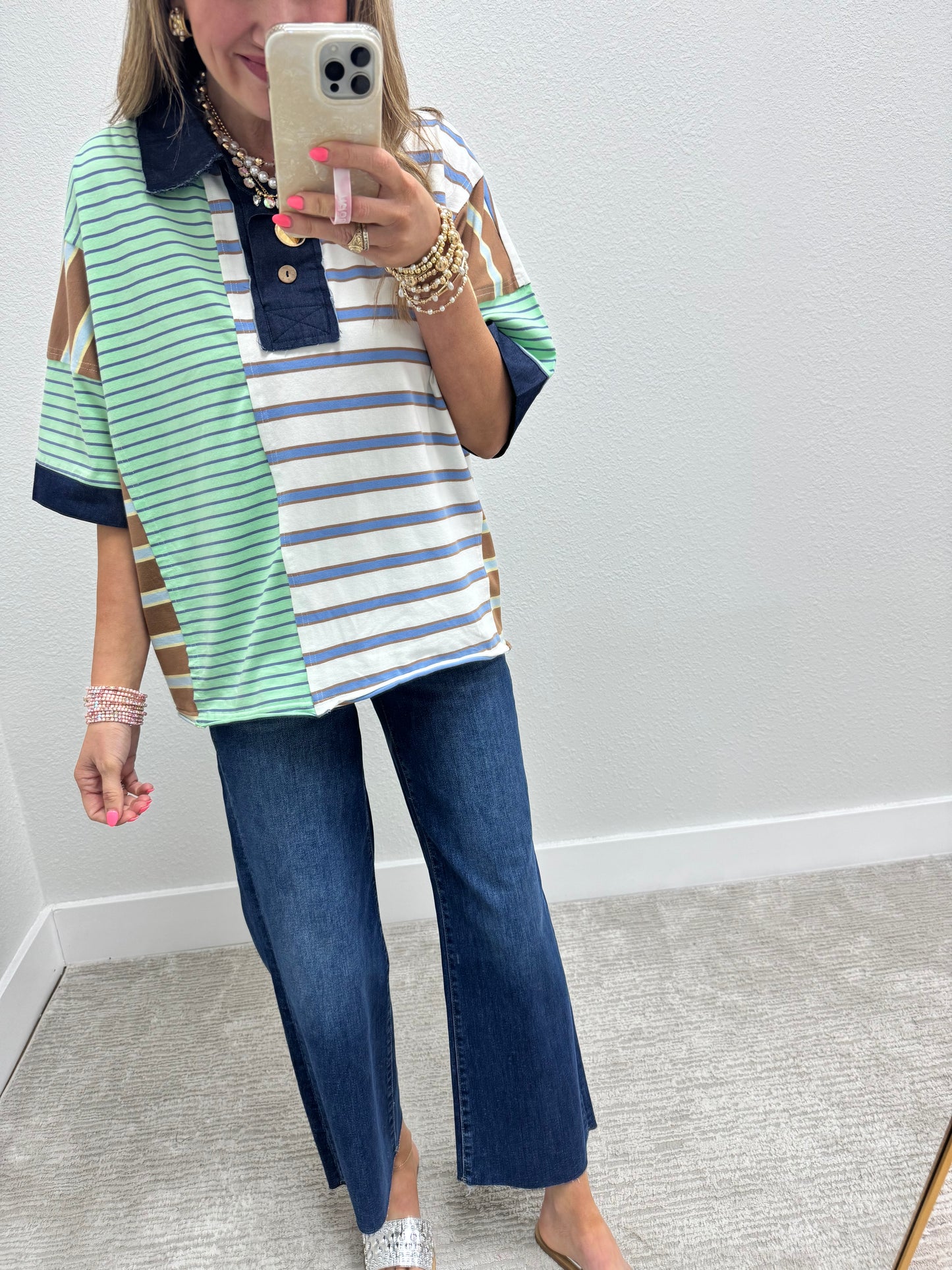 Denim Collared Multi Color Block Short Sleeve
