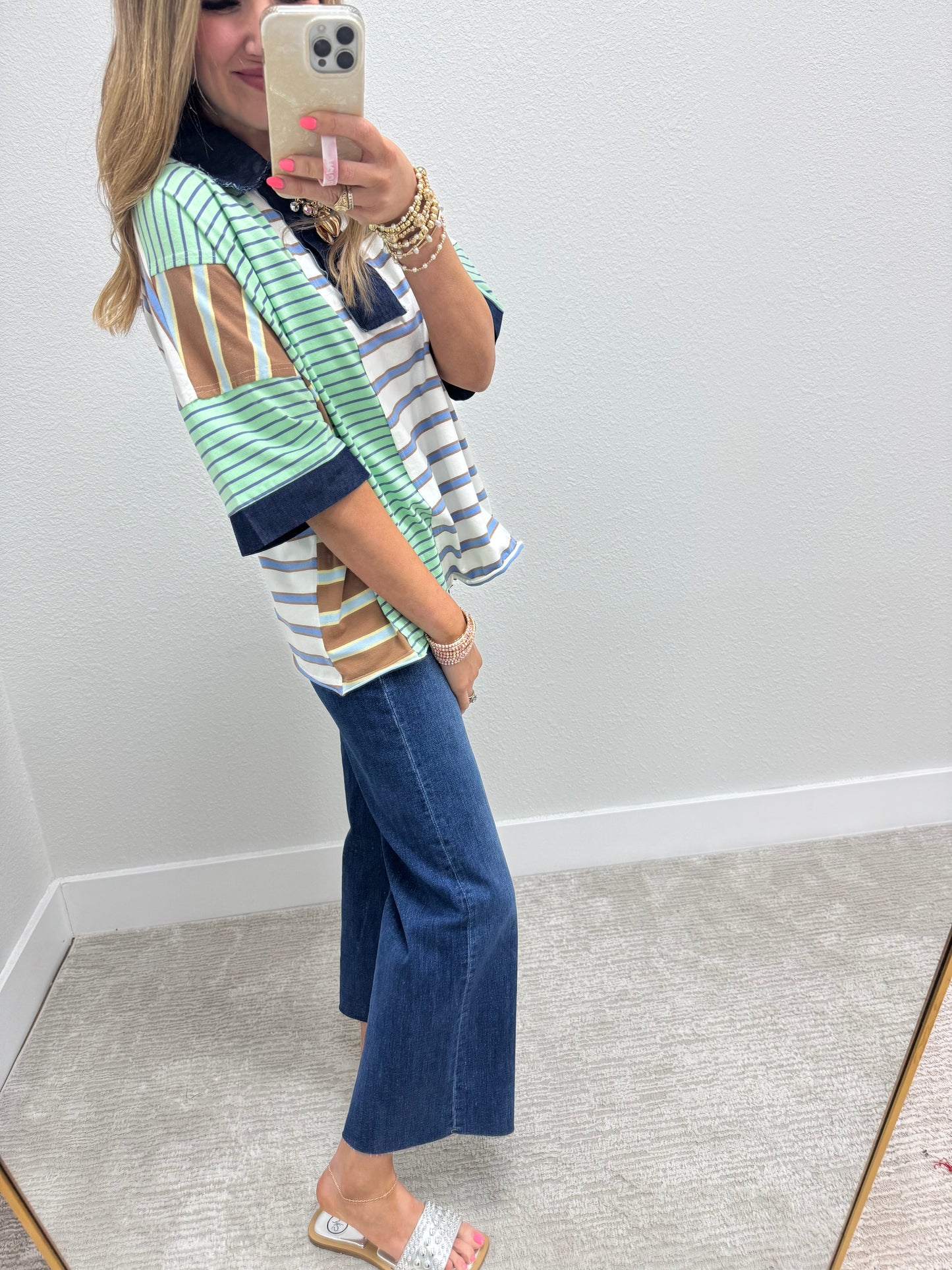 Denim Collared Multi Color Block Short Sleeve