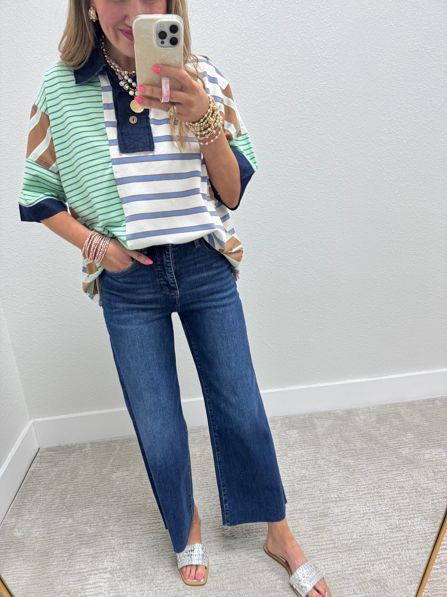 Denim Collared Multi Color Block Short Sleeve