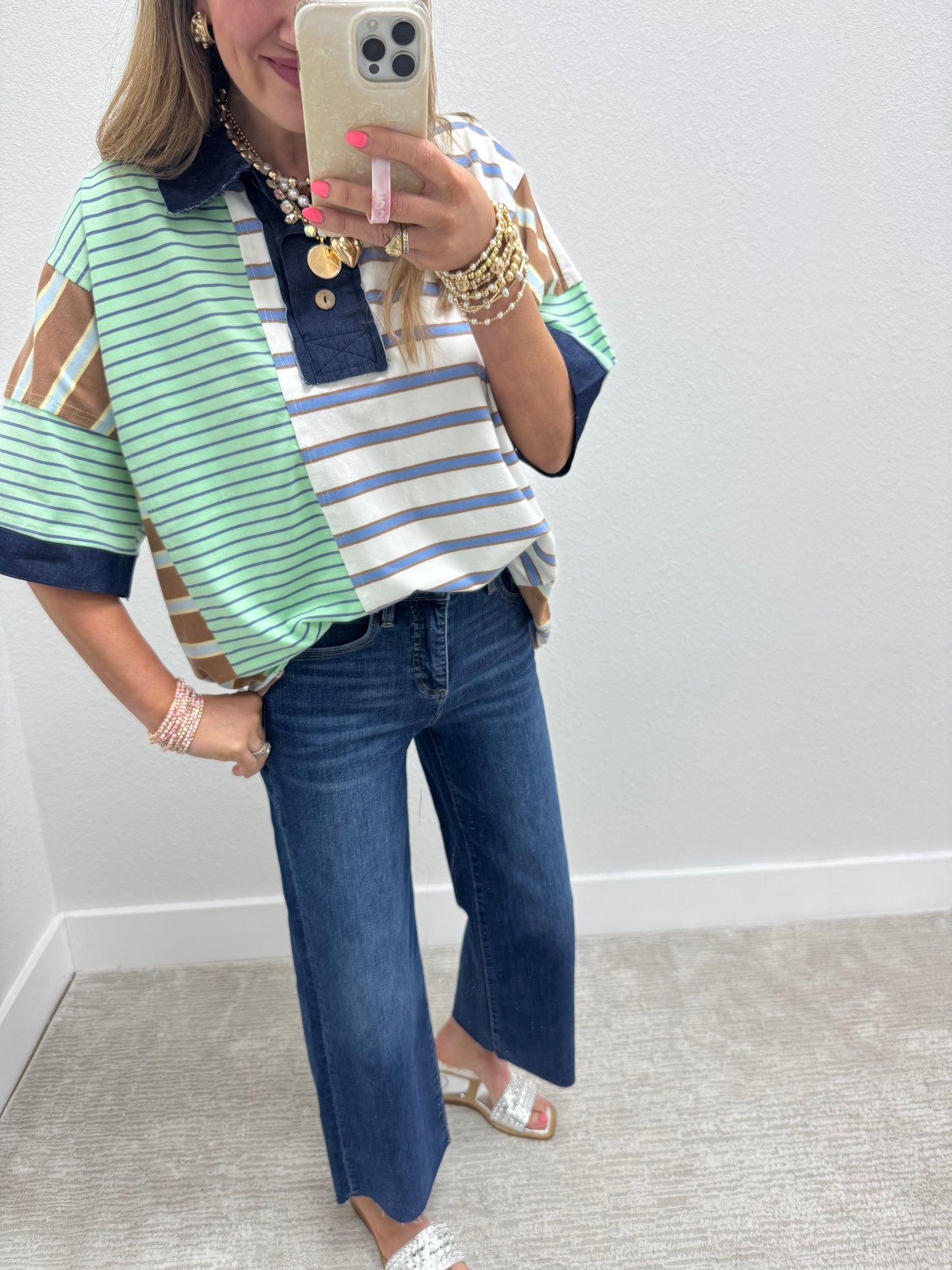 Denim Collared Multi Color Block Short Sleeve