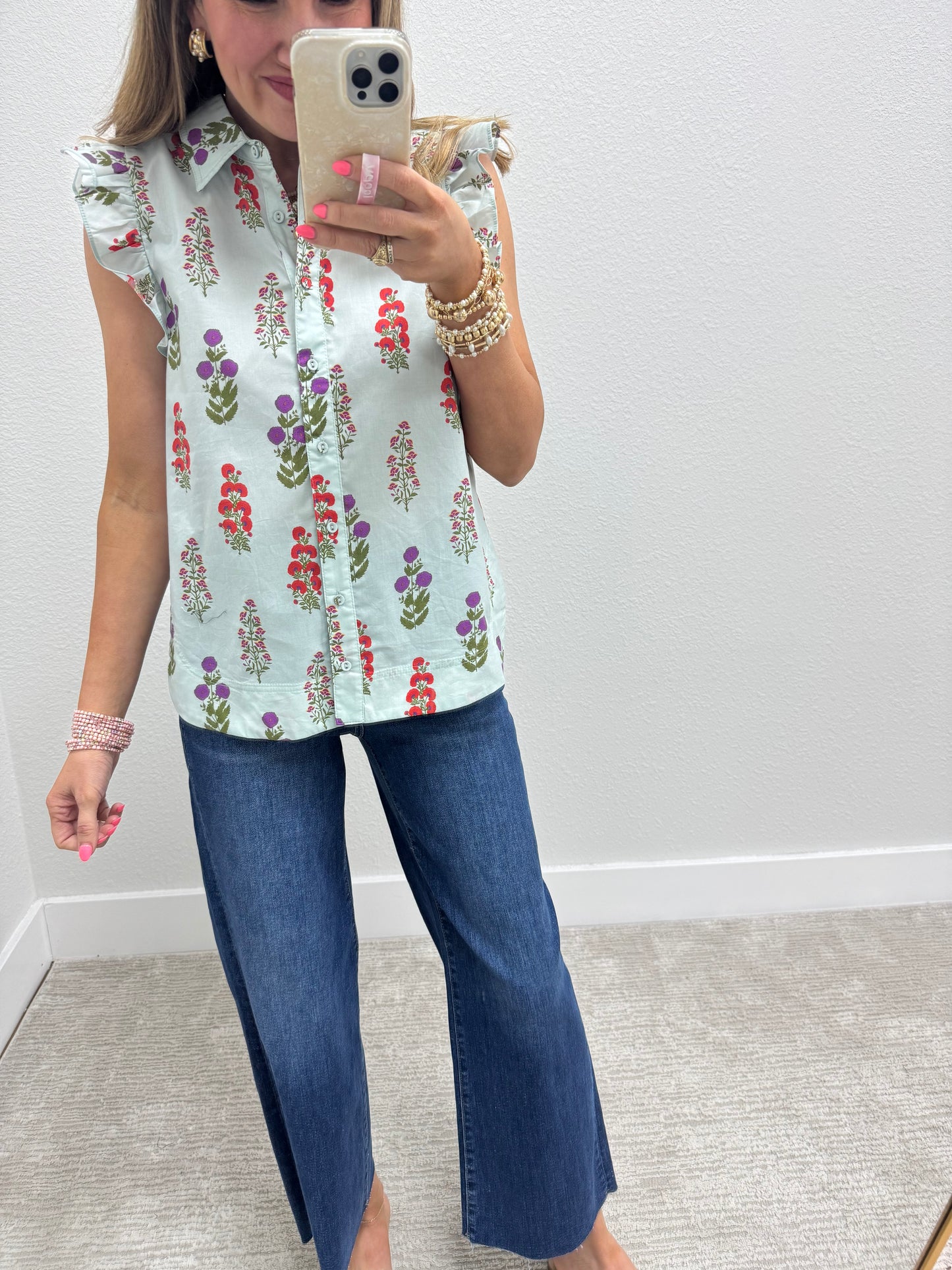 Mint Mix Floral Button Up Top With Rounded Bottom