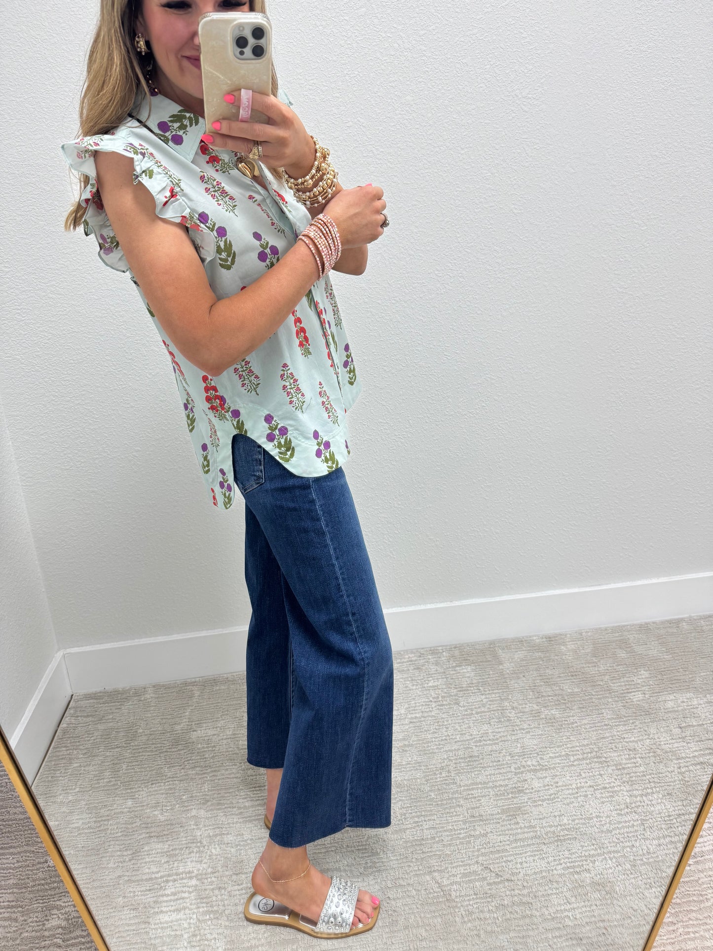 Mint Mix Floral Button Up Top With Rounded Bottom