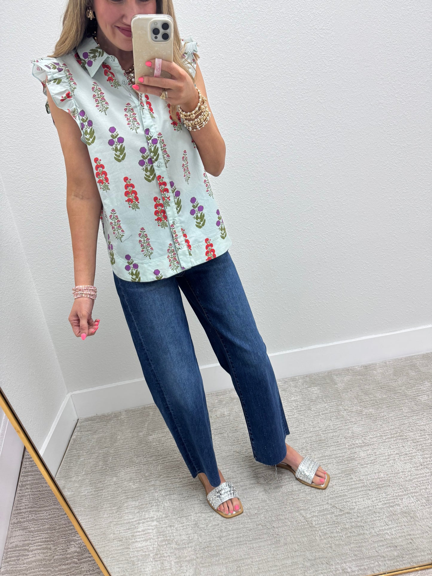 Mint Mix Floral Button Up Top With Rounded Bottom