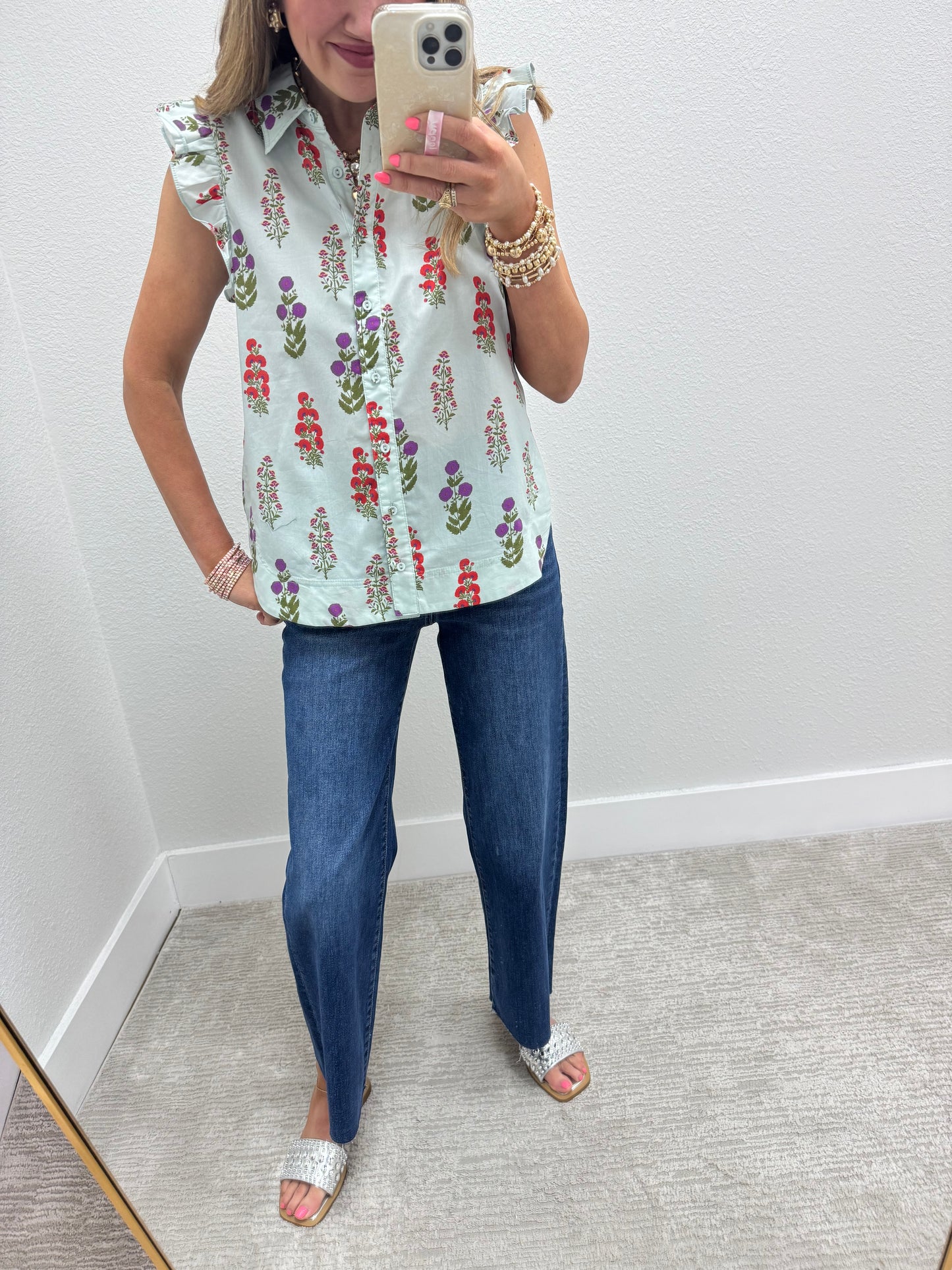 Mint Mix Floral Button Up Top With Rounded Bottom