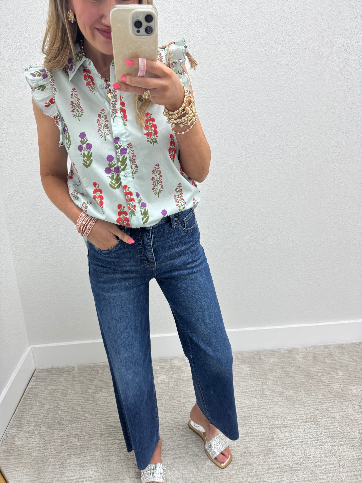 Mint Mix Floral Button Up Top With Rounded Bottom