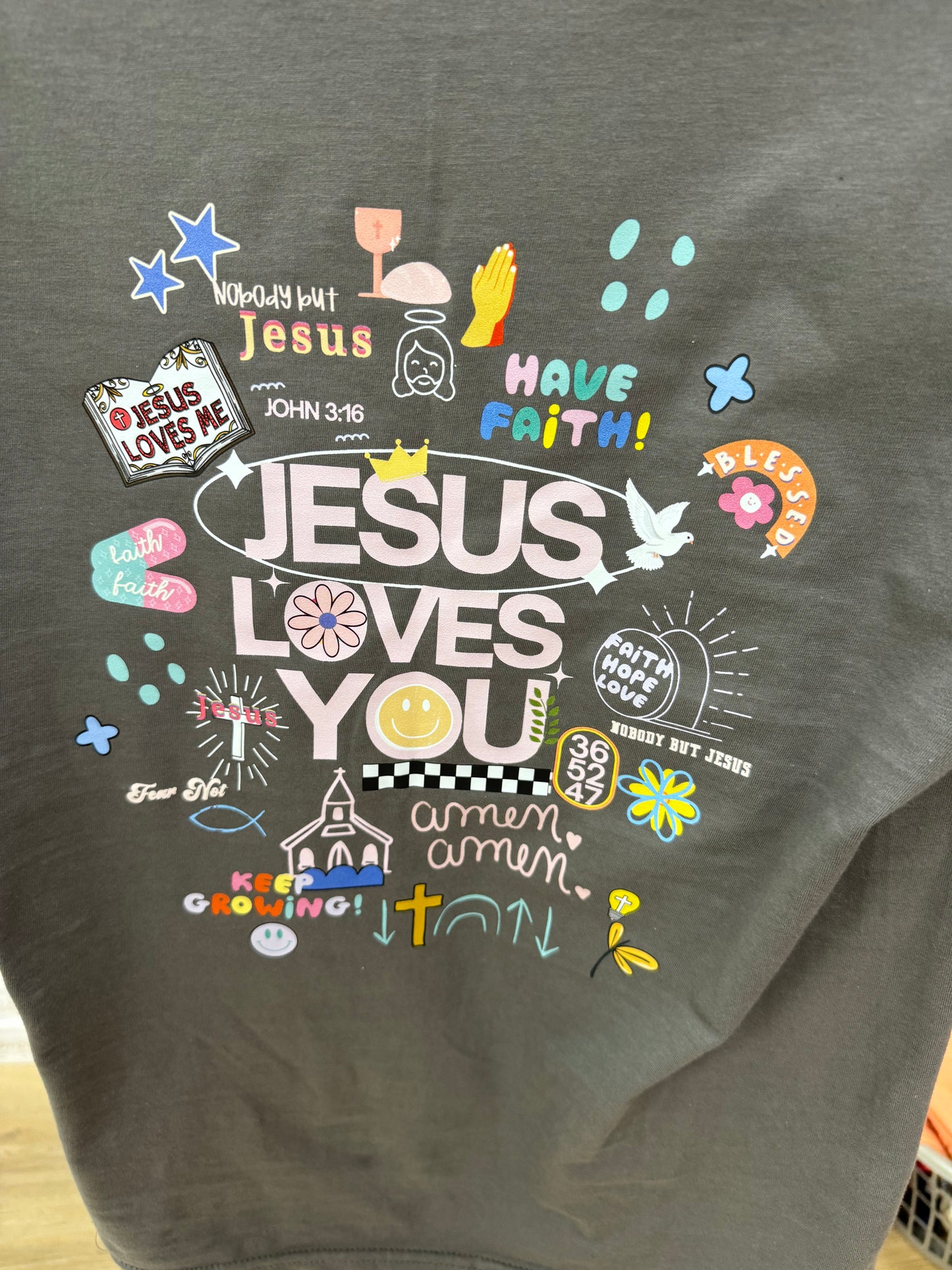 Gray Smiley Jesus Loves You Graphic Tee