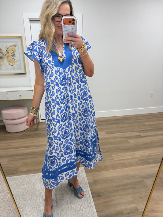 Blue Abstract Two Tone Print Midi Dress