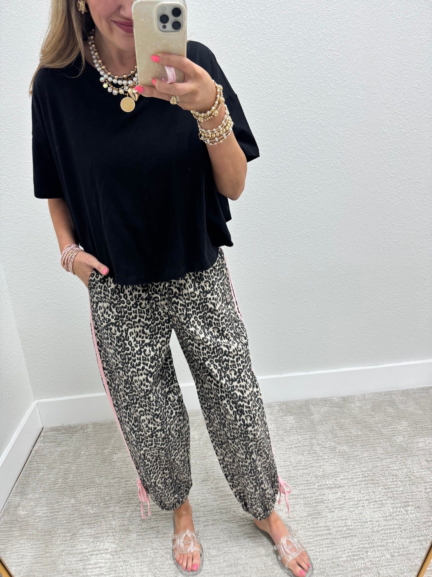Pink Stripe Leopard Jogger Denim Style Elastic Waist Pants
