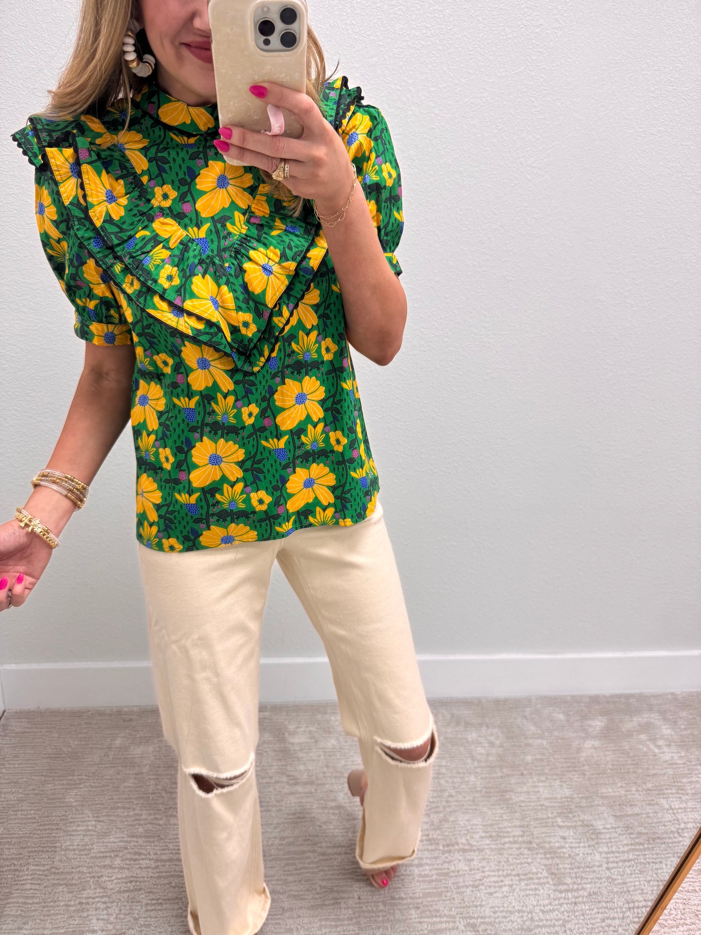 Green Printed Ruffle Front Top
