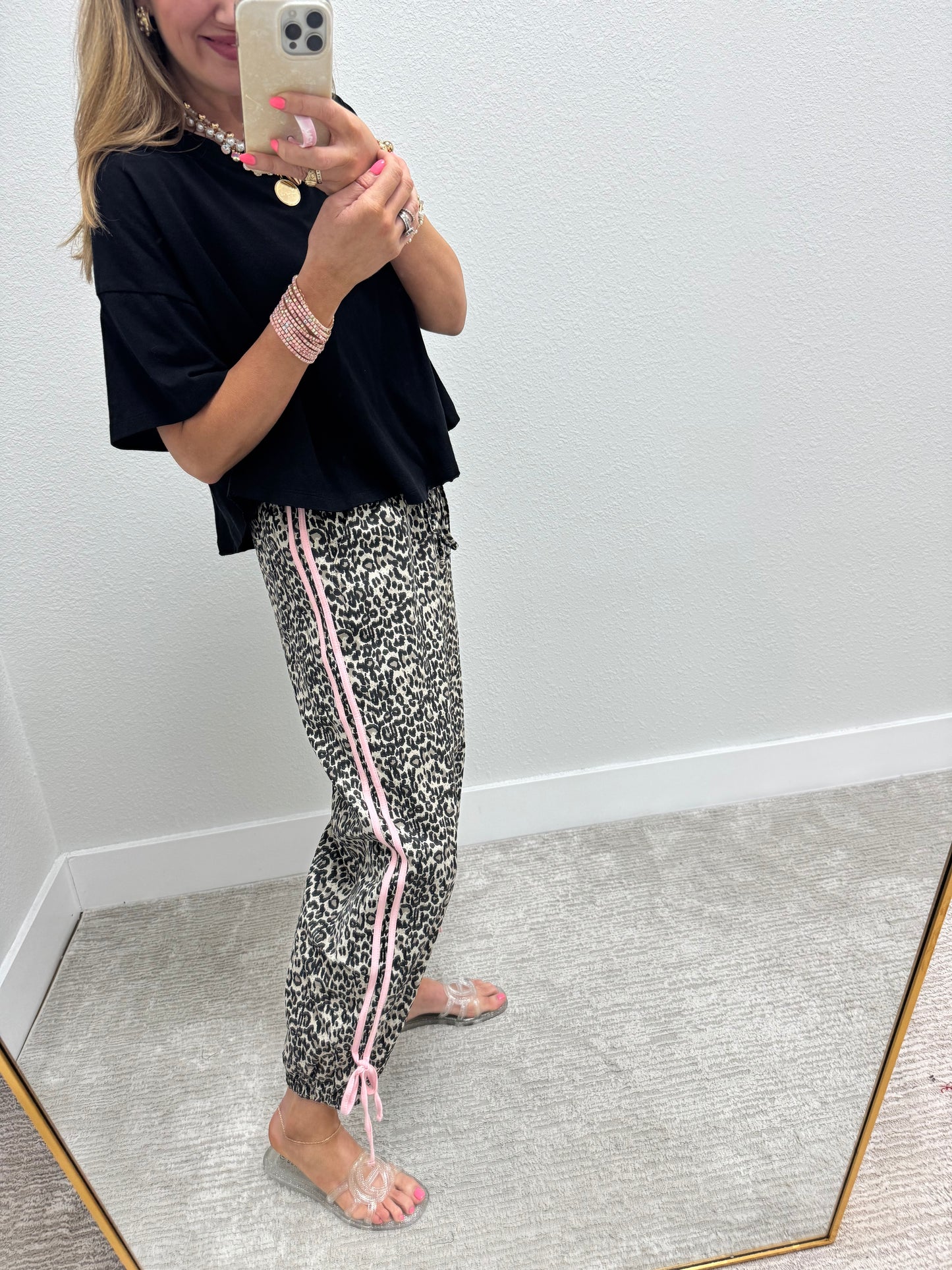 Pink Stripe Leopard Jogger Denim Style Elastic Waist Pants