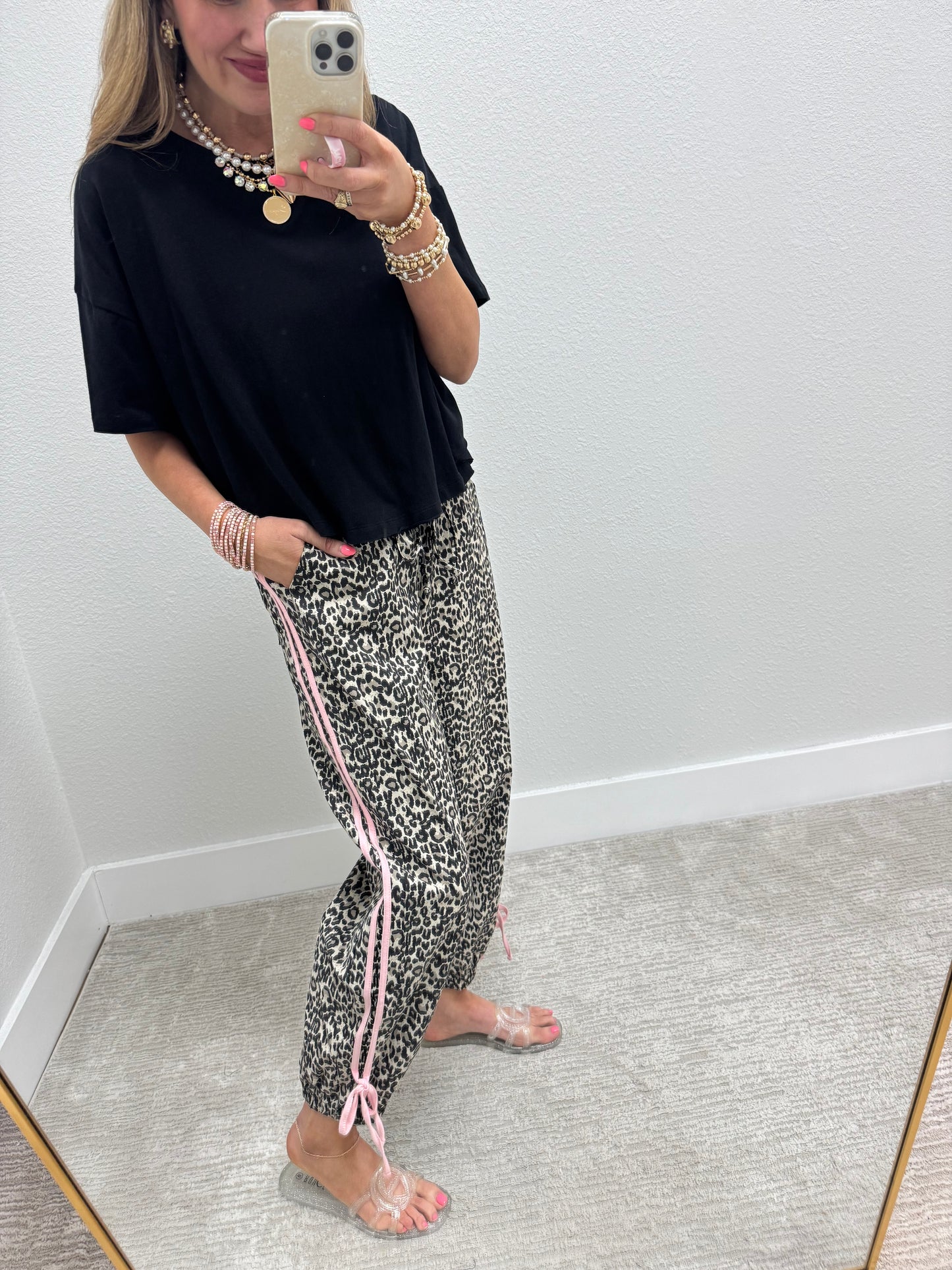 Pink Stripe Leopard Jogger Denim Style Elastic Waist Pants