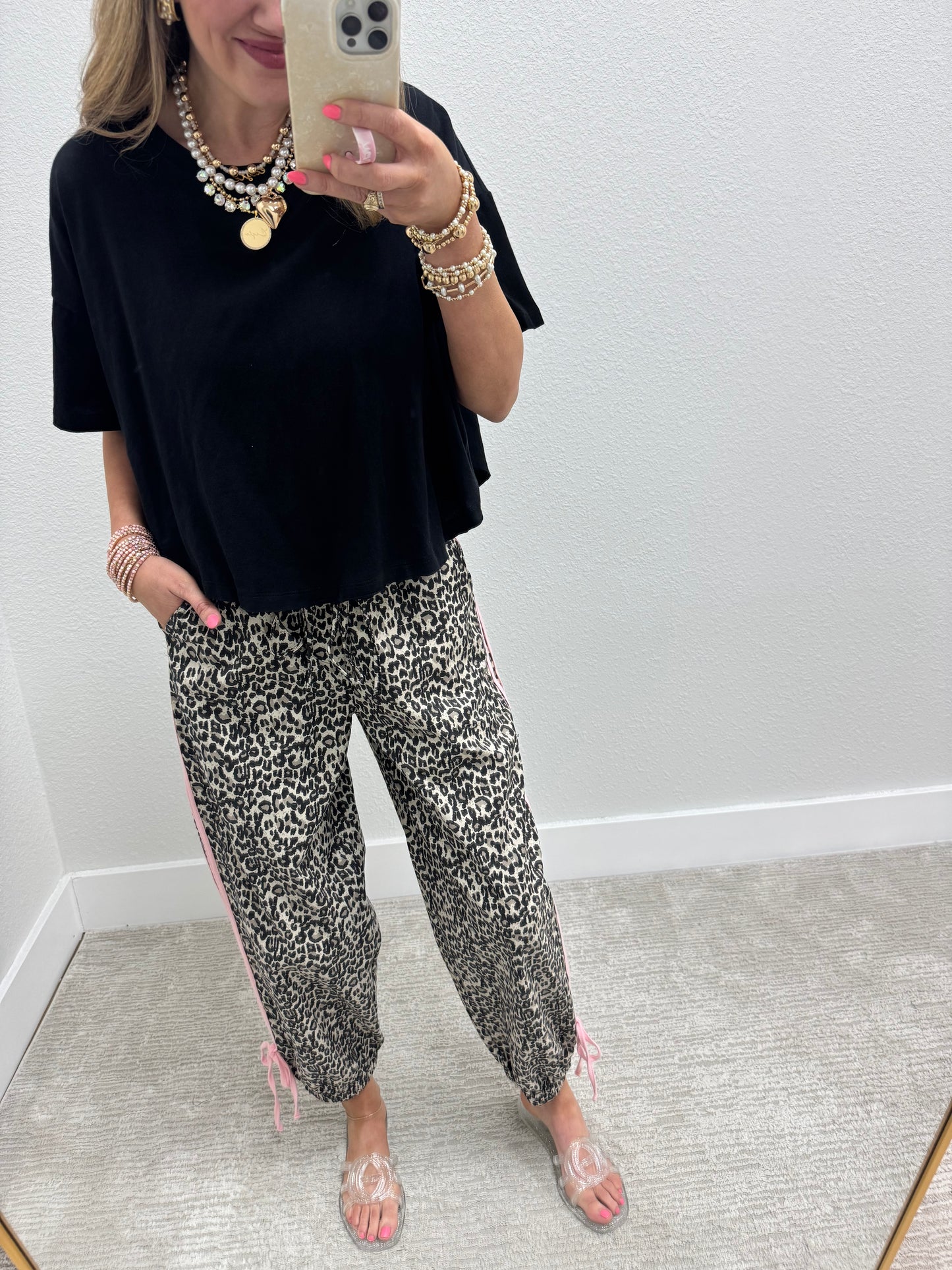 Pink Stripe Leopard Jogger Denim Style Elastic Waist Pants