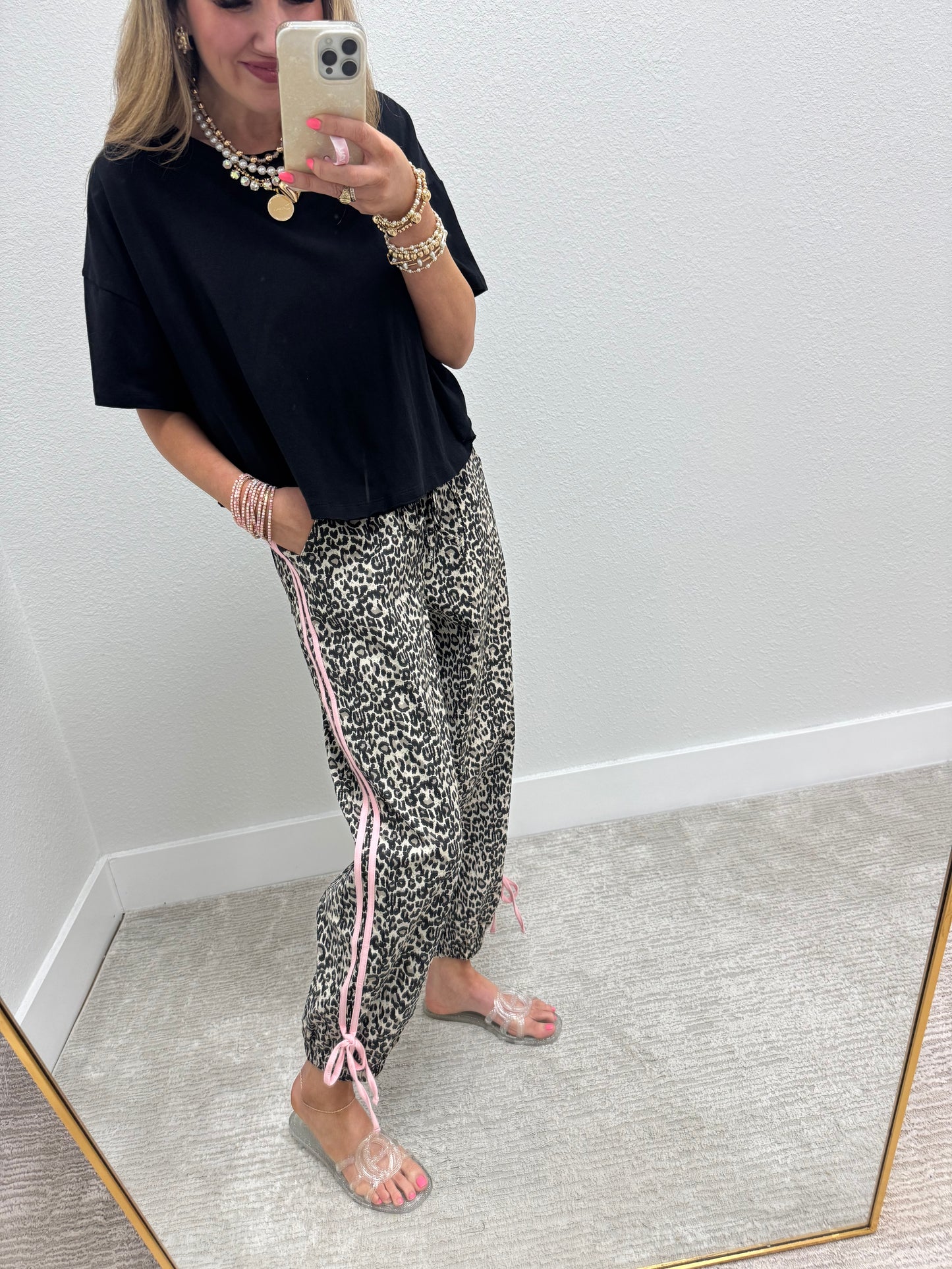 Pink Stripe Leopard Jogger Denim Style Elastic Waist Pants