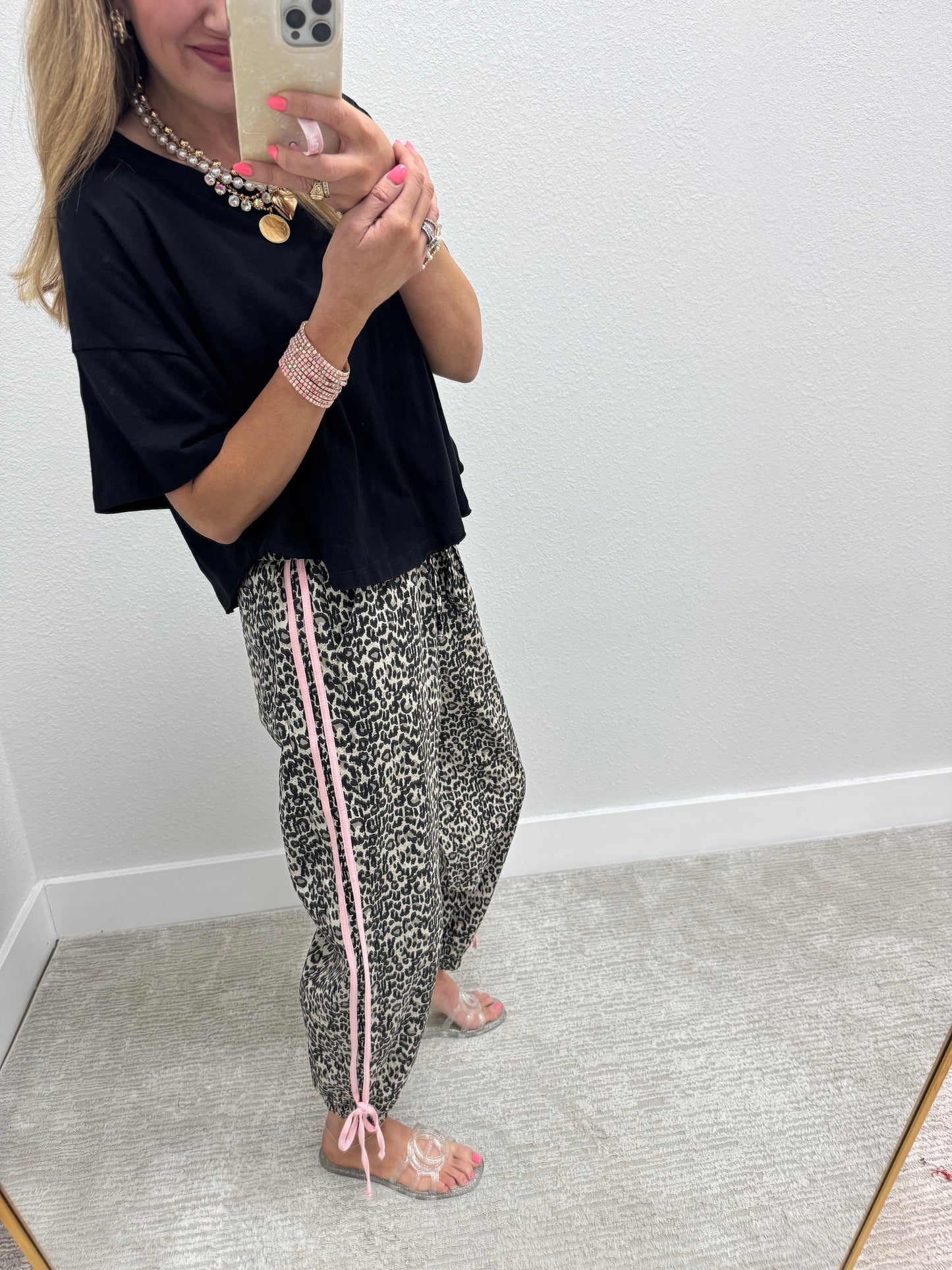 Pink Stripe Leopard Jogger Denim Style Elastic Waist Pants