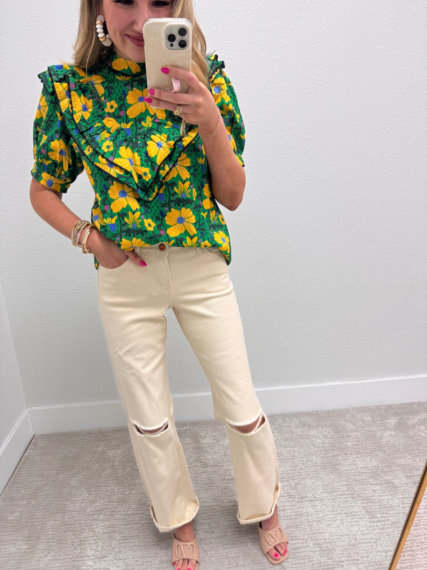 Green Printed Ruffle Front Top