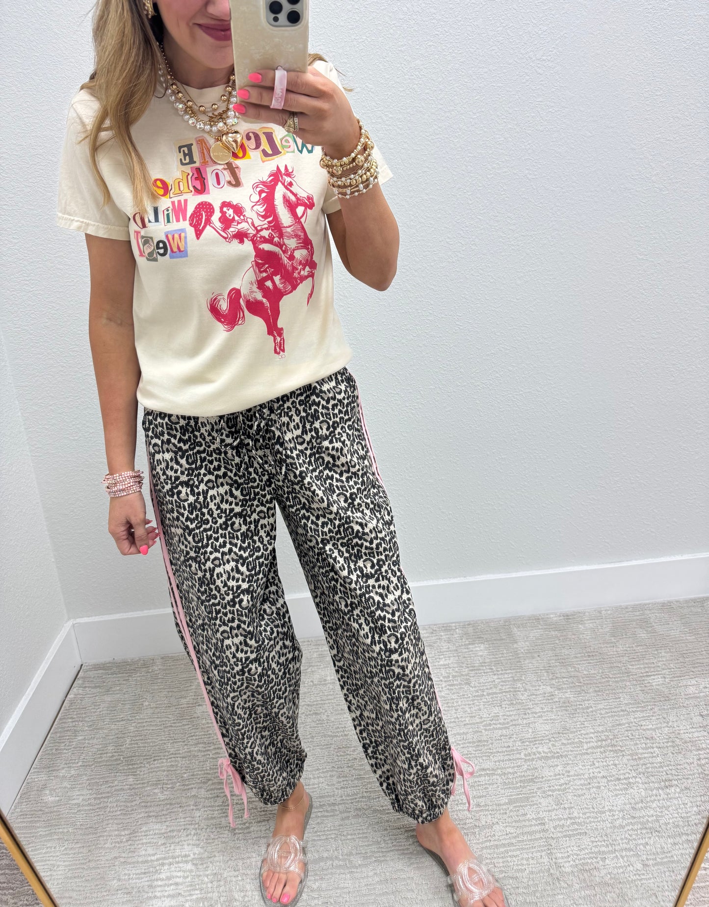 Pink Stripe Leopard Jogger Denim Style Elastic Waist Pants