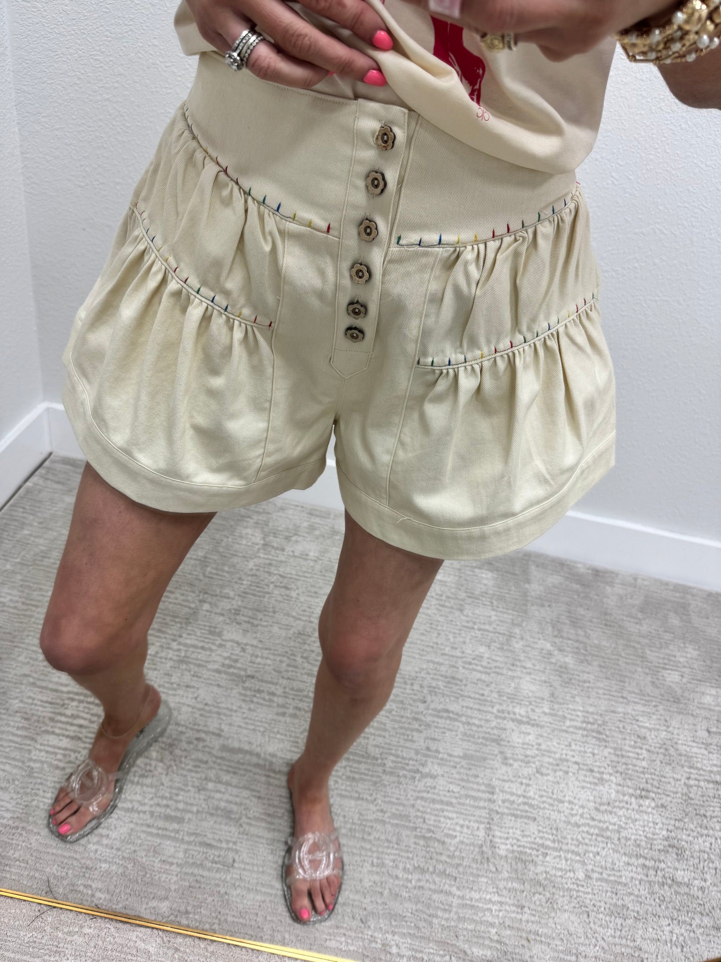 Cream Ombre Colored Stitched Tiered Shorts