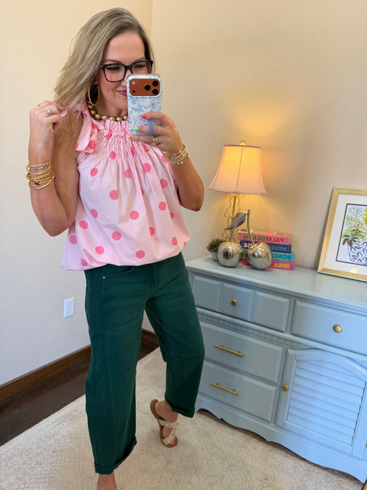 Pink Tie Smoked Polka Dot Top