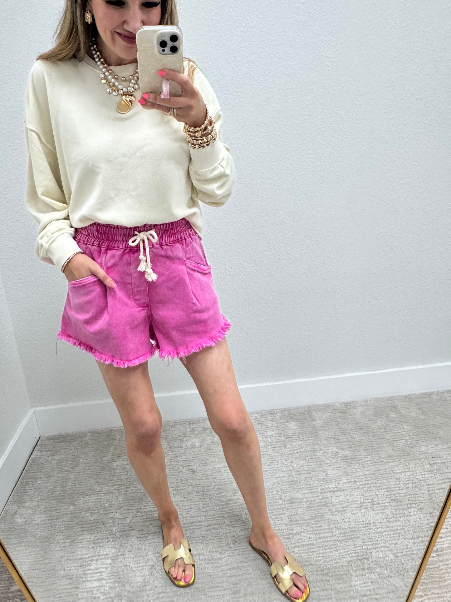 Pink Washed Fray Hem Denim Shorts
