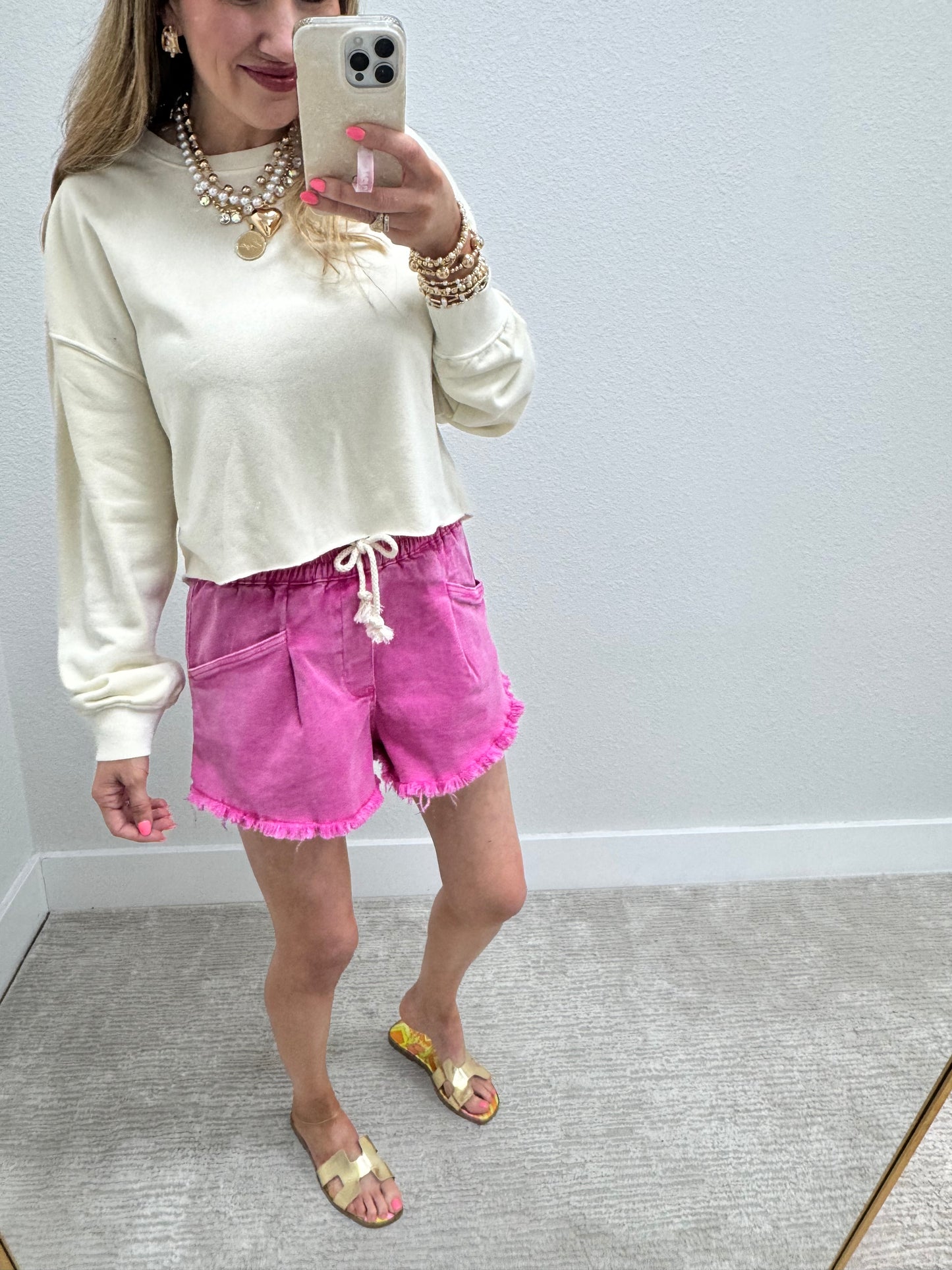 Pink Washed Fray Hem Denim Shorts
