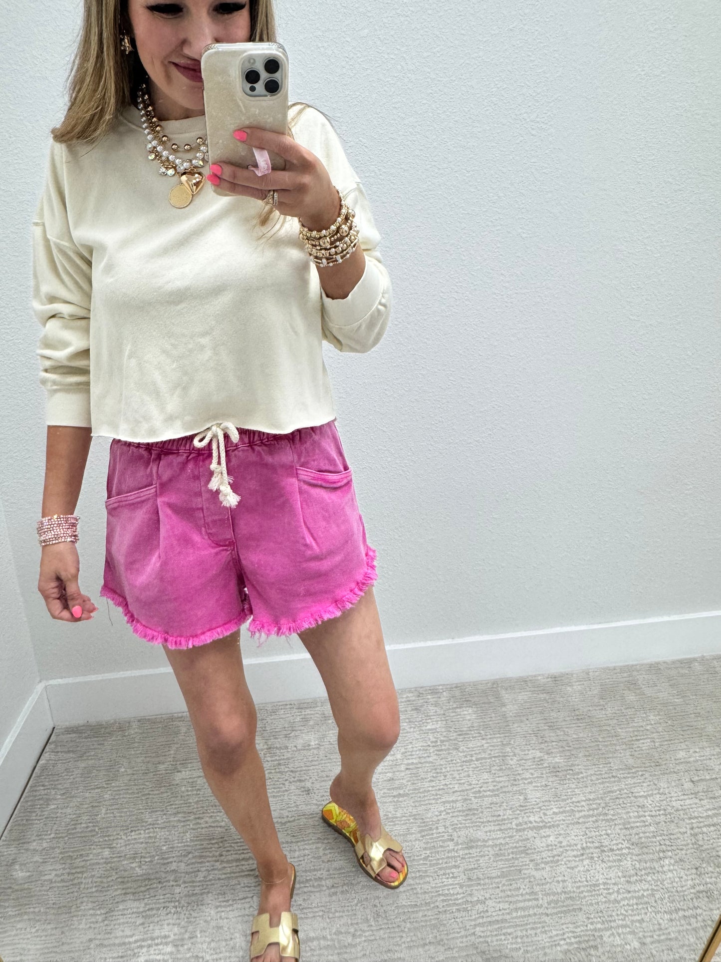 Pink Washed Fray Hem Denim Shorts