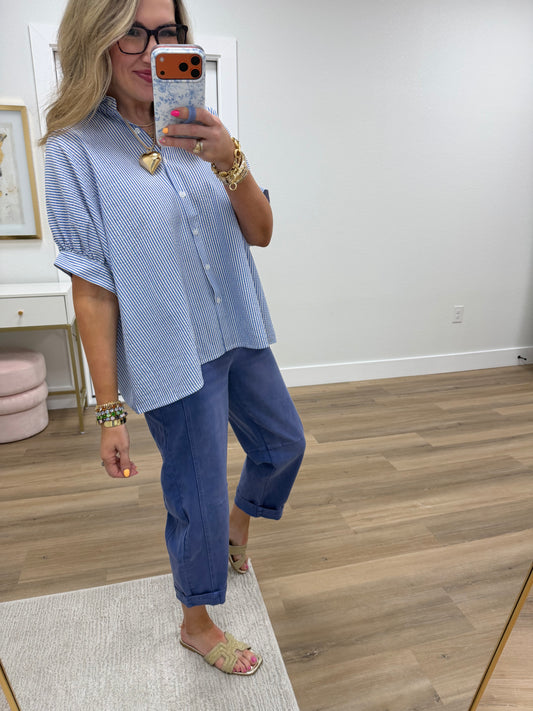 Blue Striped Short Sleeve Button-front Blouse