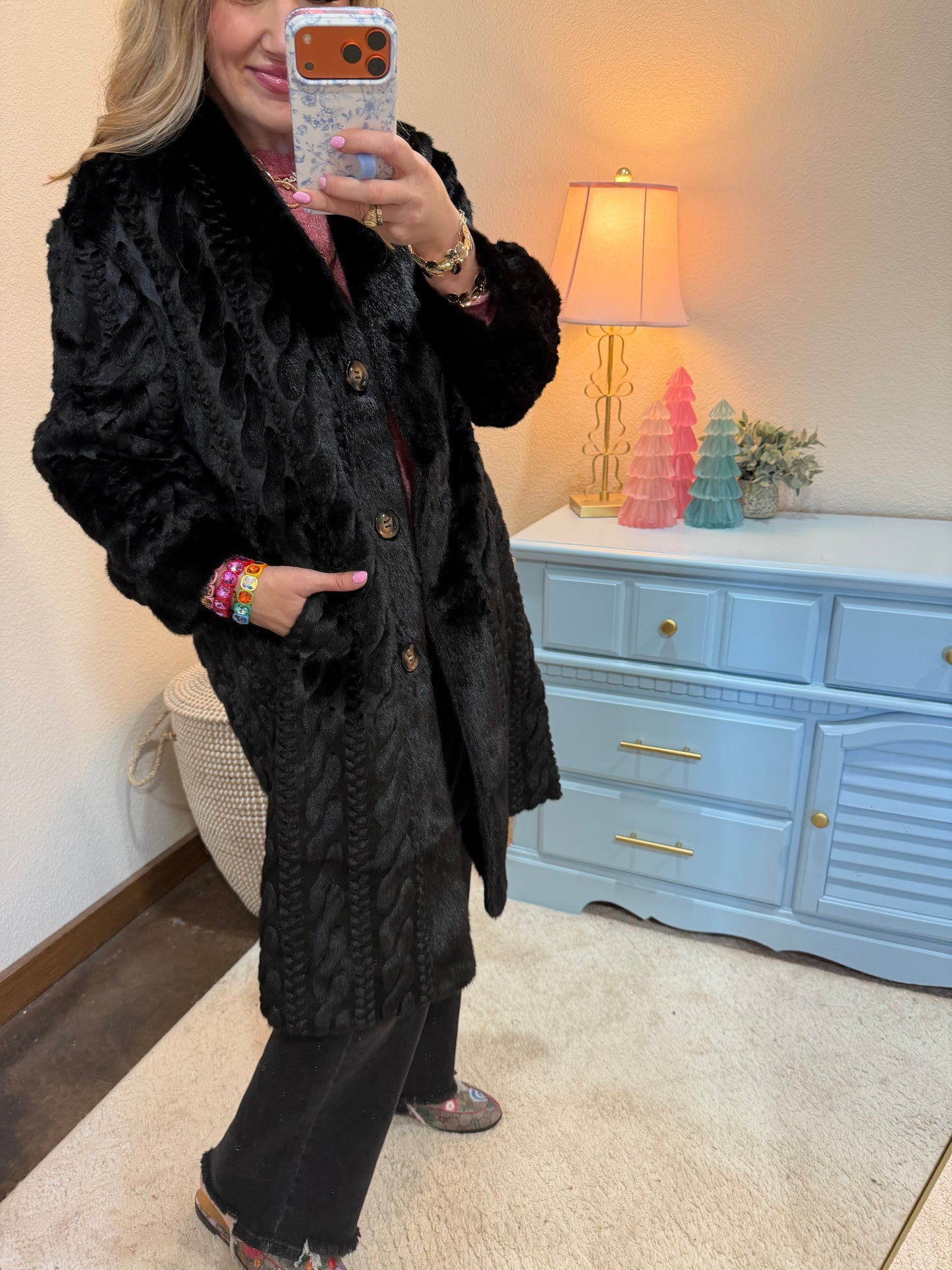 Black Full Sleeve Fuzzy Fur Coat Long Length