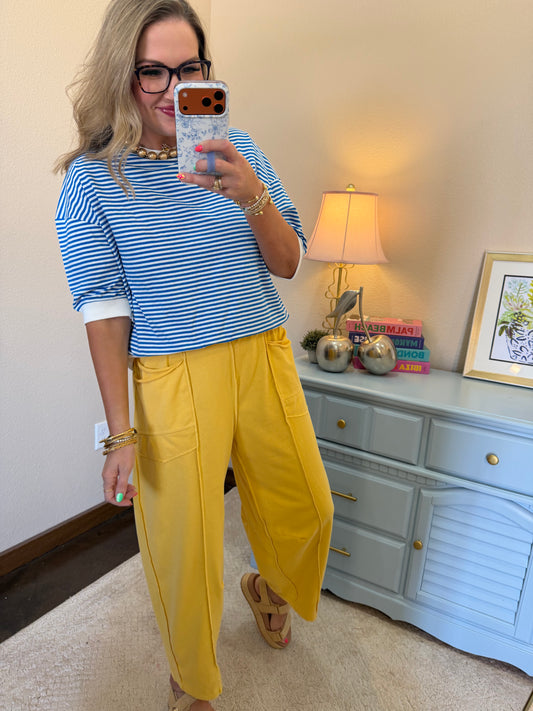 Ocean Blue Striped Contrast Trim Banded Bottom Top