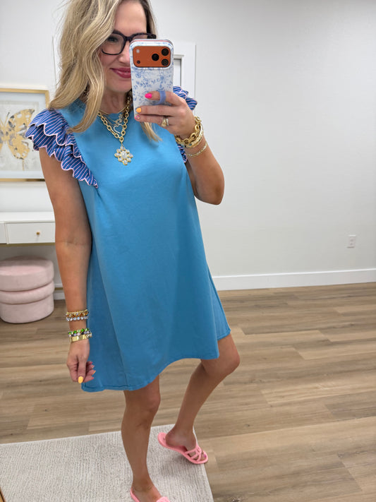 Blue and Pink Detailed Flutter Sleeve Dress