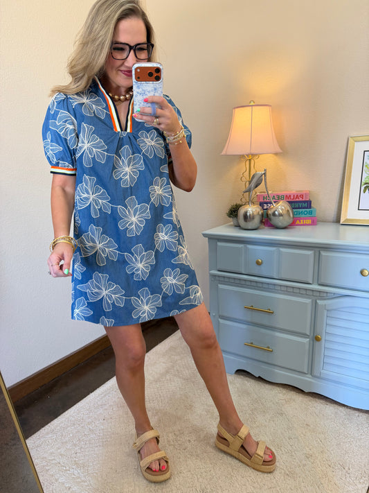 Blue Stripe Trim Detailed Floral Embroidery Shift Dress