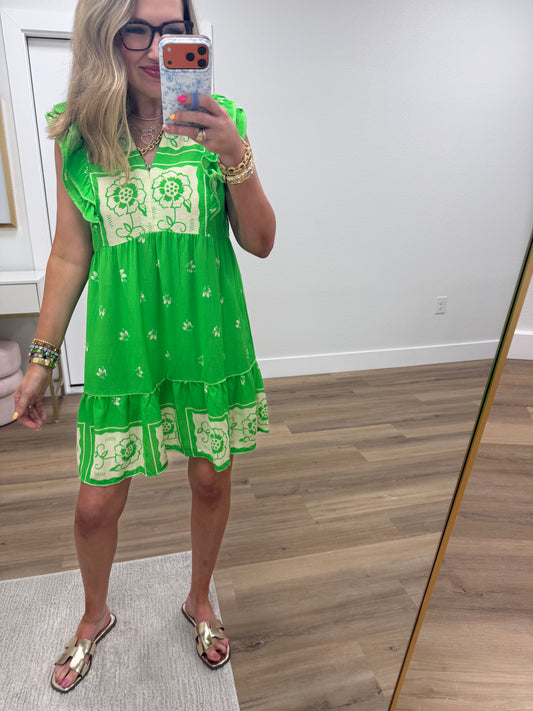 Apple Green Printed Flutter Sleeve Dress